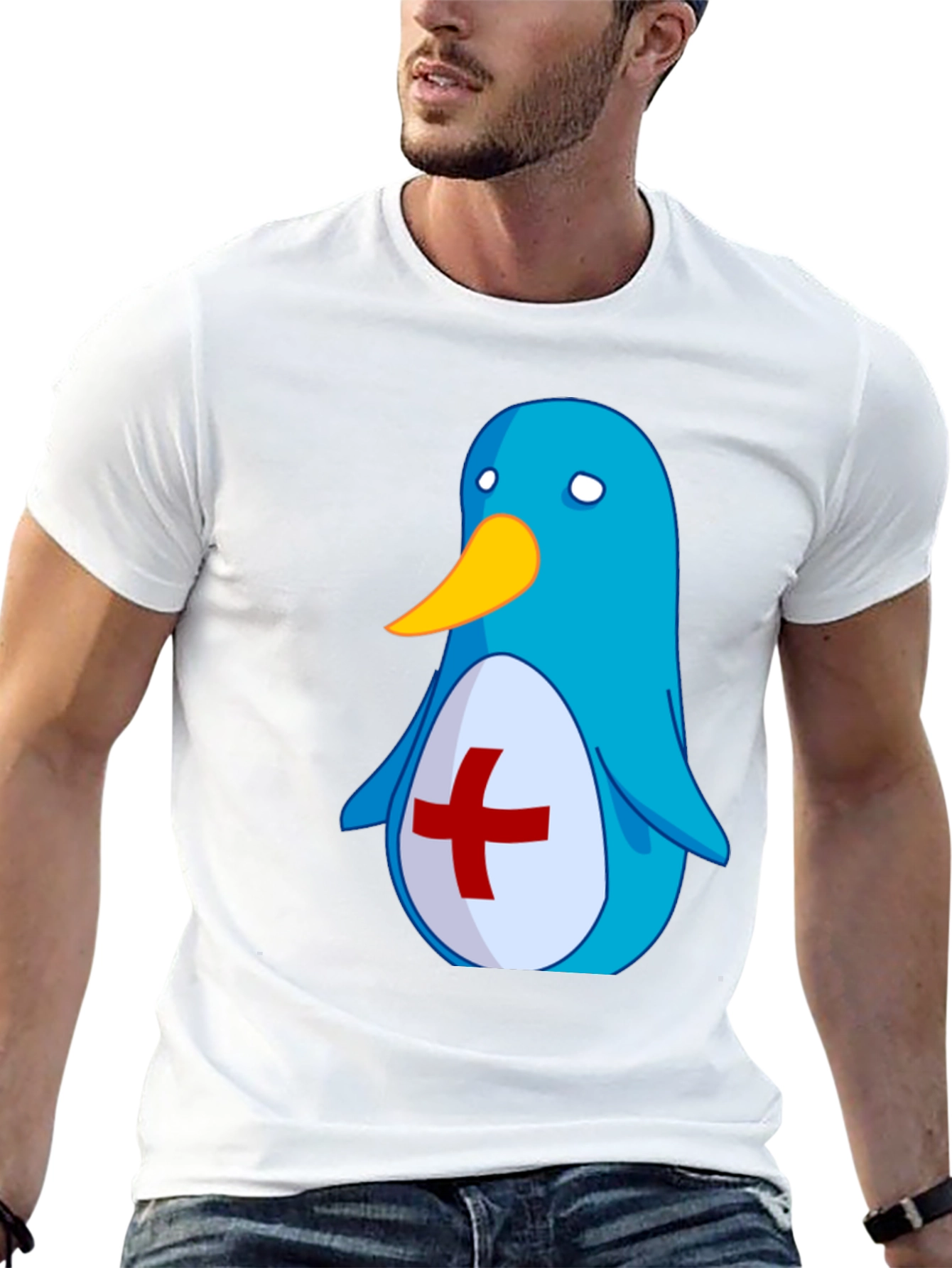 Cute Blue Penguin T-Shirt - Red Cross Design