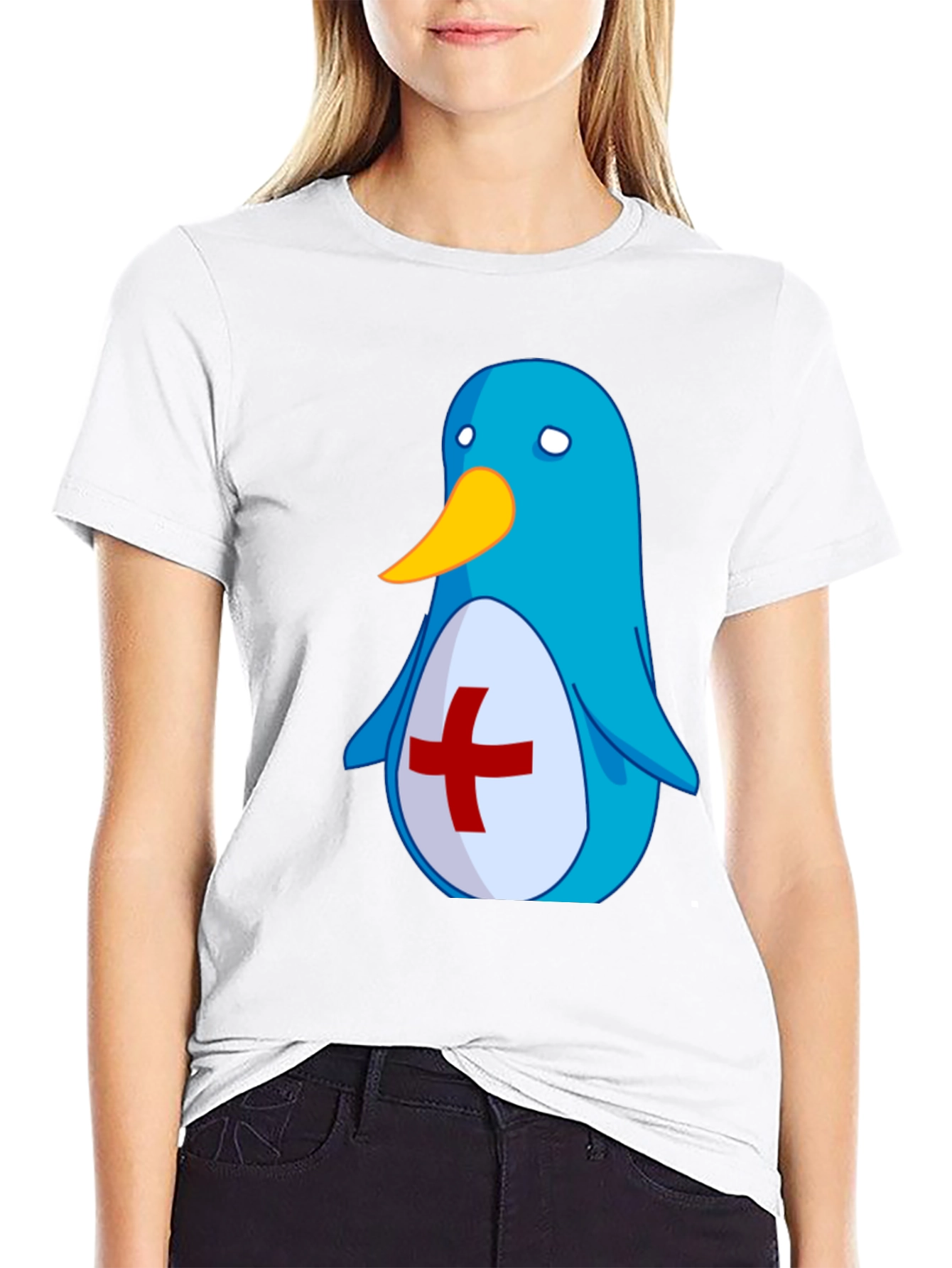 Cute Blue Penguin T-Shirt - Red Cross Design