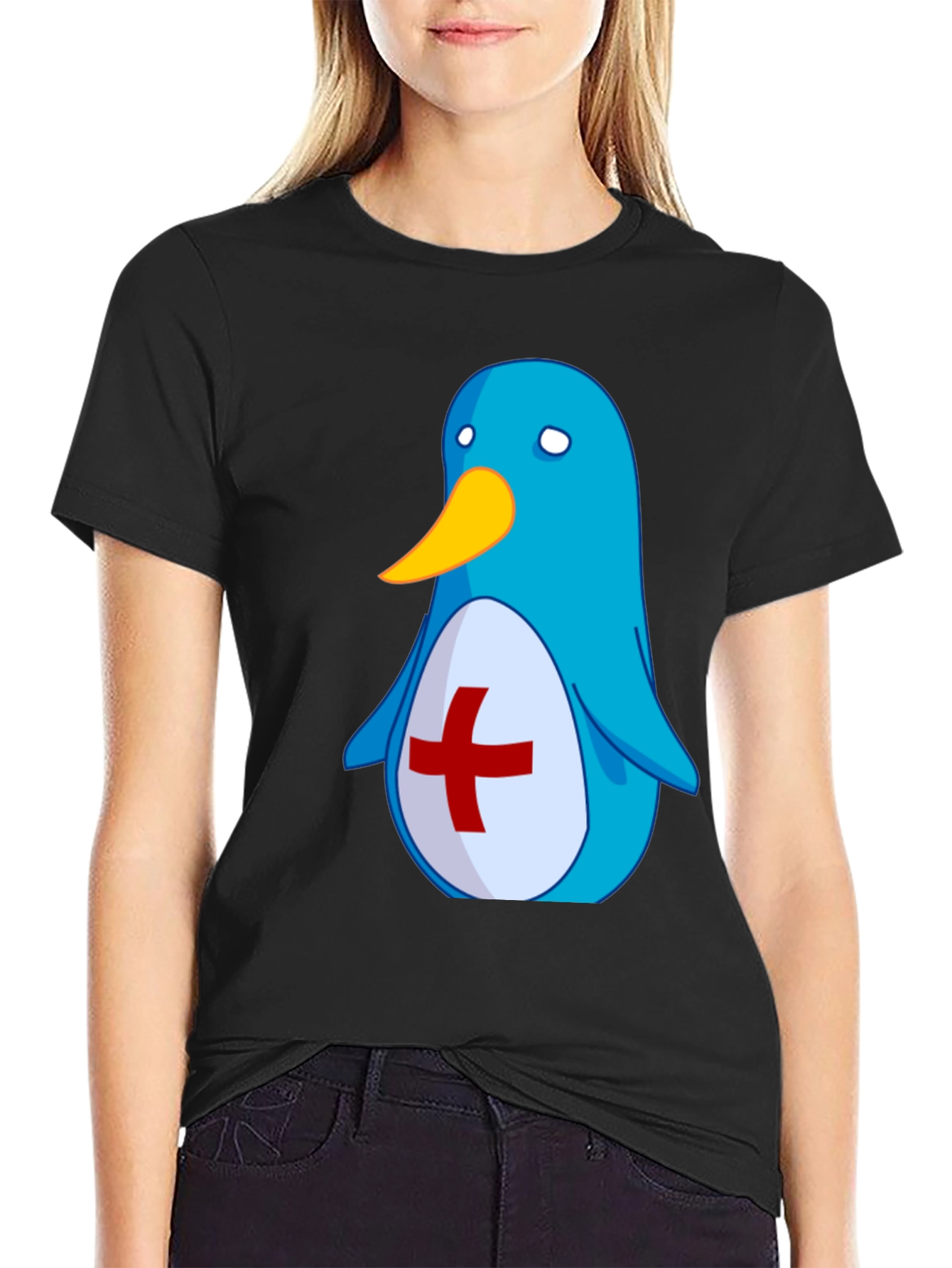 Cute Blue Penguin T-Shirt - Red Cross Design