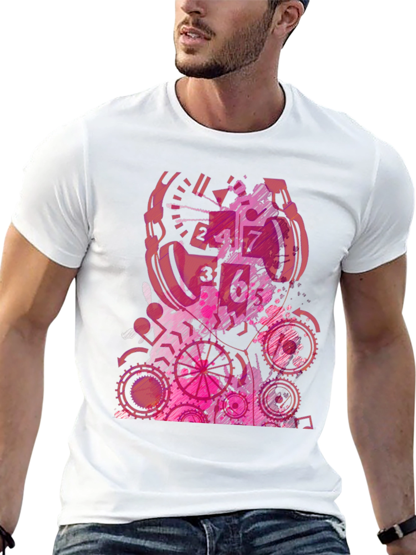 Abstract Pink Gear Graphic Black T-Shirt
