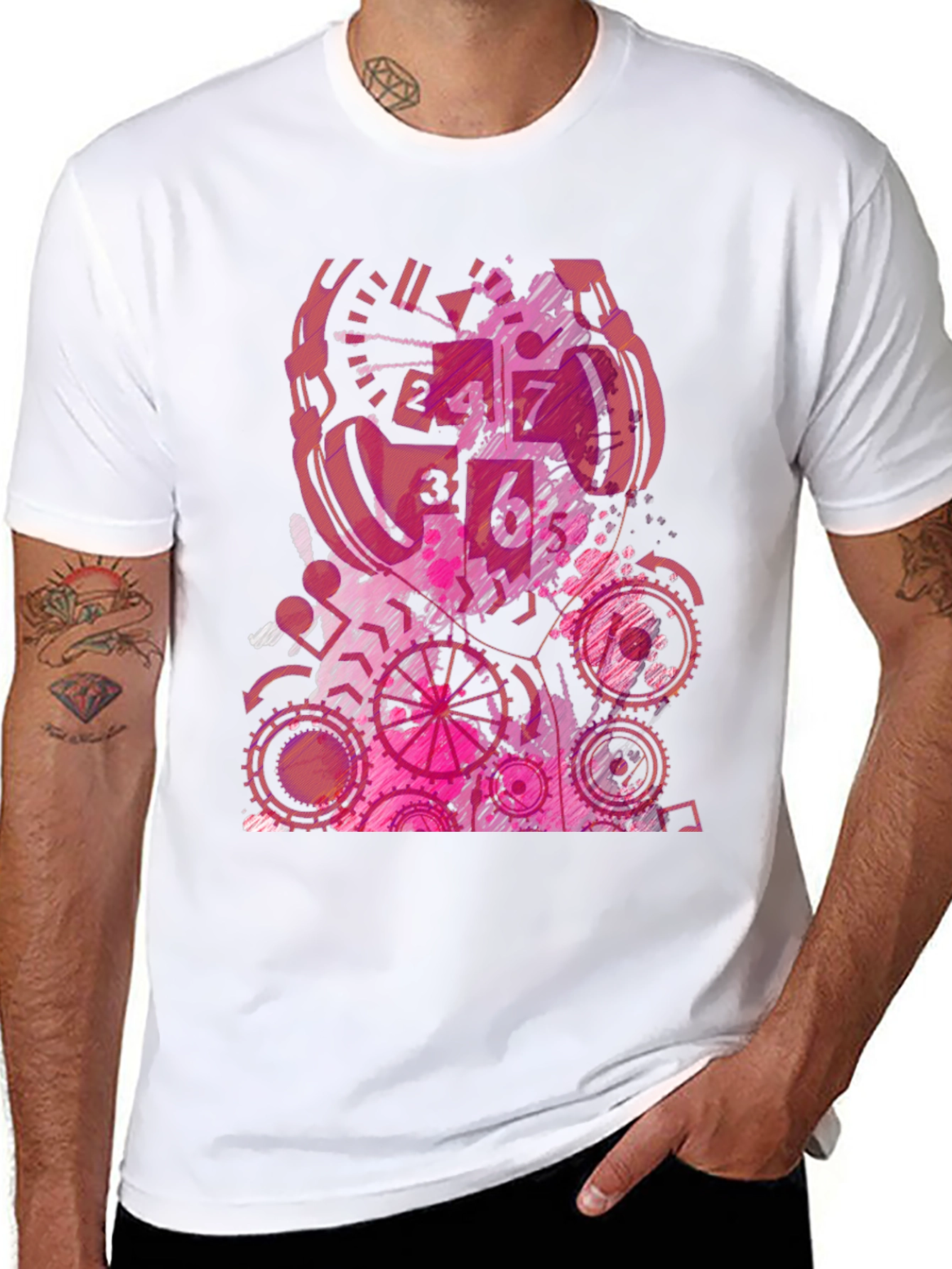 Abstract Pink Gear Graphic Black T-Shirt