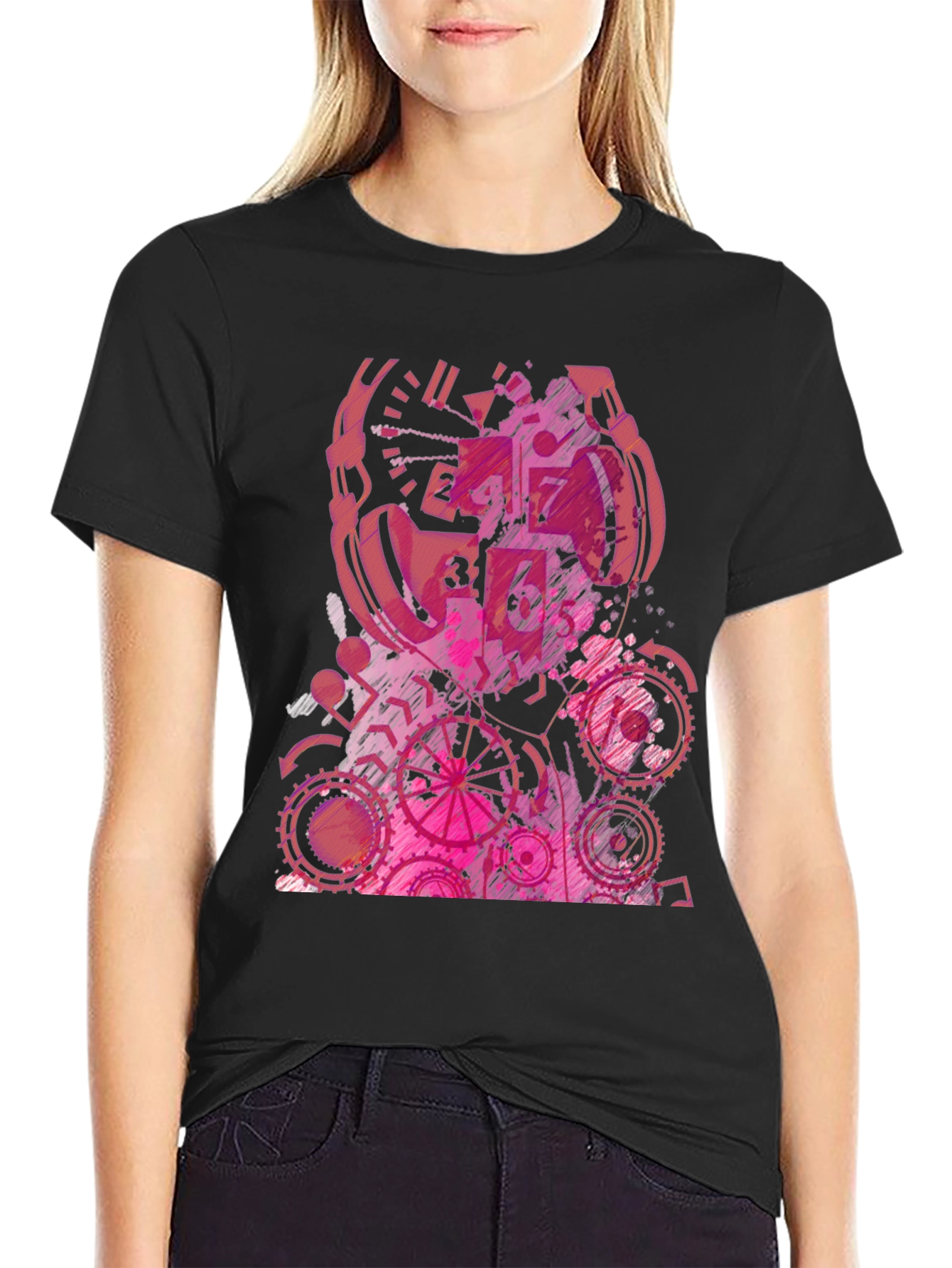Abstract Pink Gear Graphic Black T-Shirt