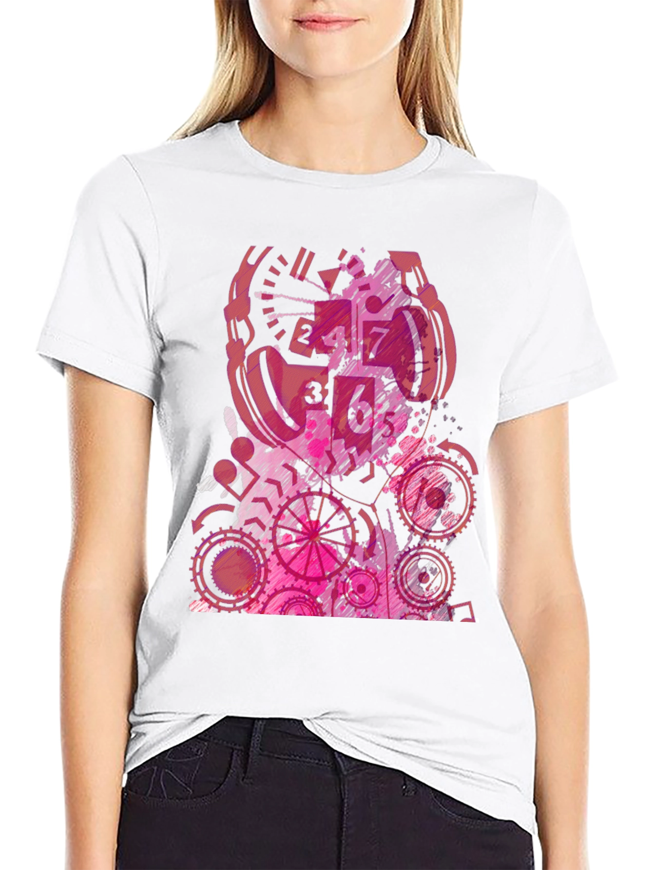 Abstract Pink Gear Graphic Black T-Shirt