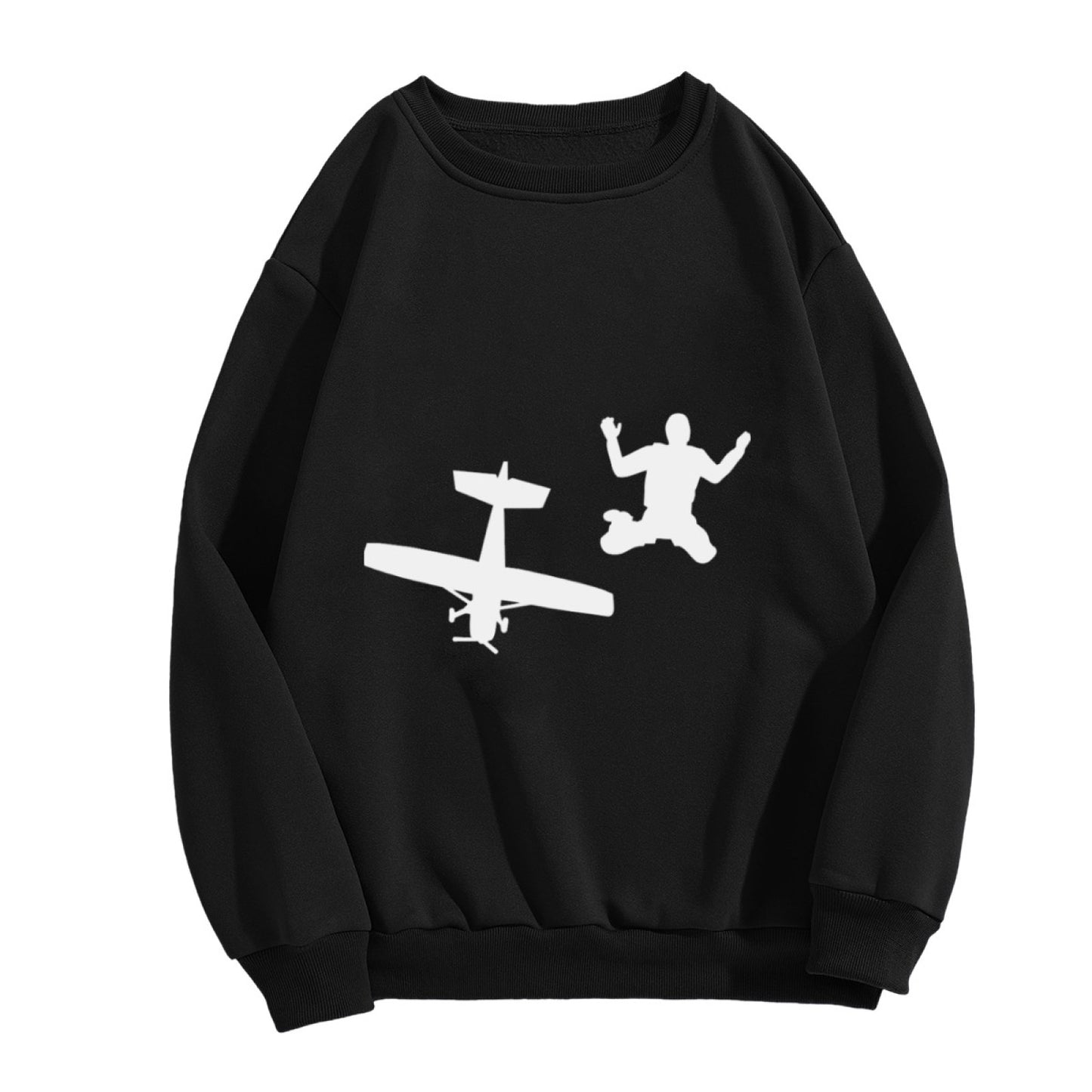 Black Sweatshirt with White Airplane and Acrobat Graphic – Unisex Fit