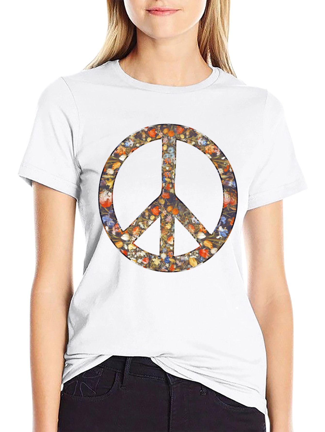 Floral Peace Sign Graphic Black T-Shirt