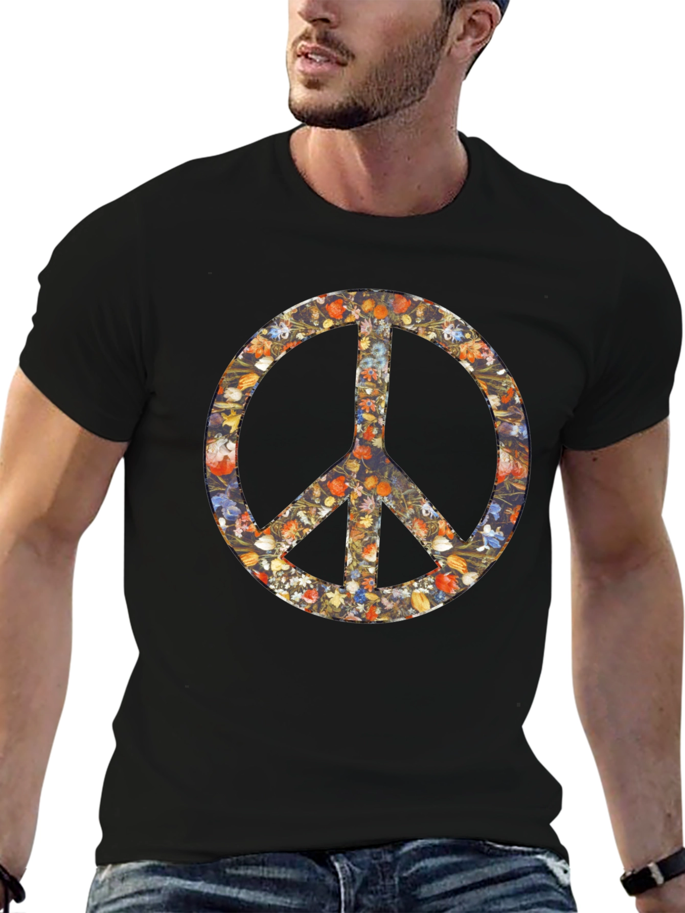 Floral Peace Sign Graphic Black T-Shirt