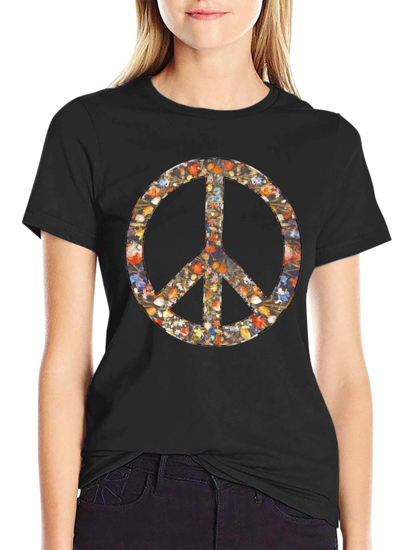Floral Peace Sign Graphic Black T-Shirt