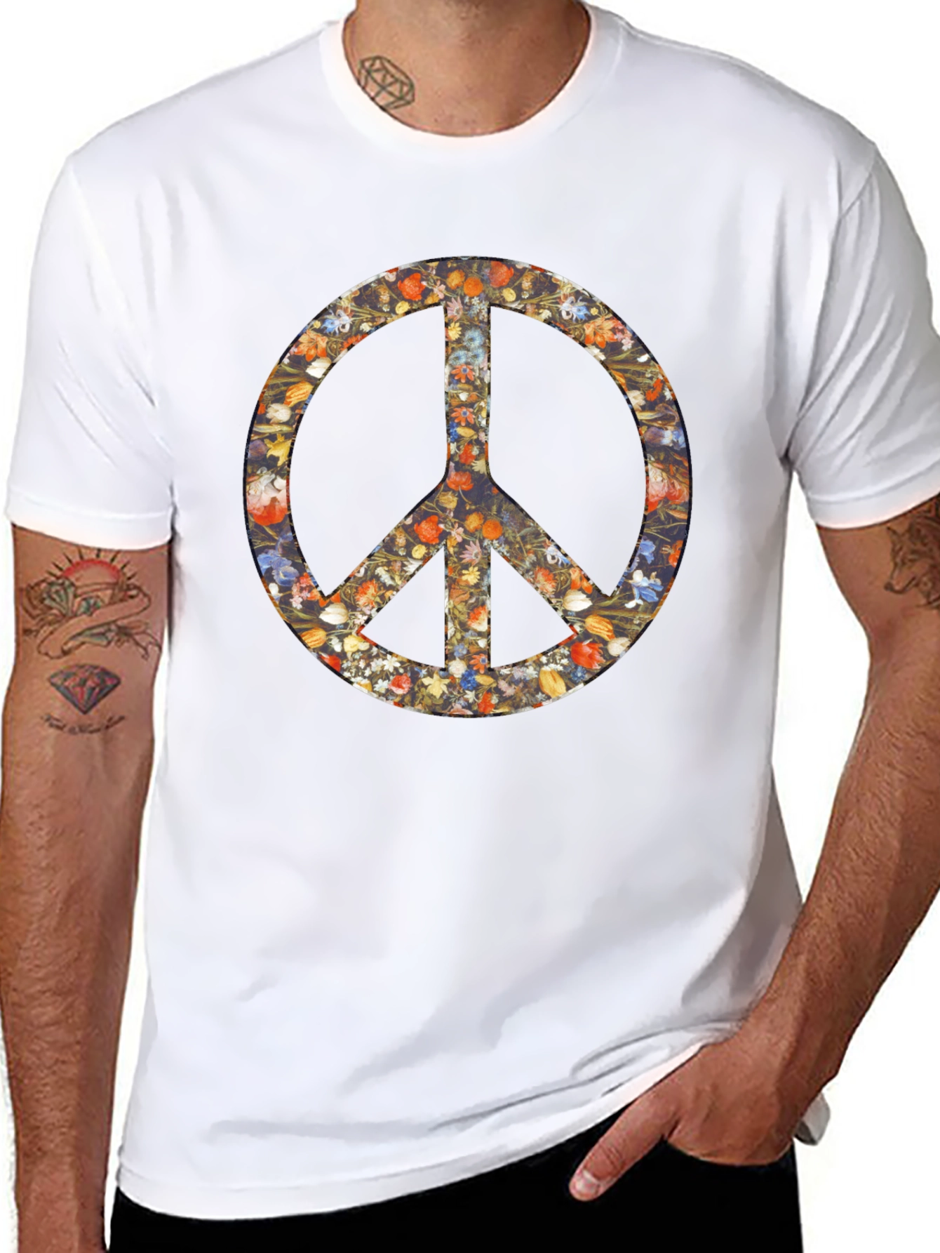 Floral Peace Sign Graphic Black T-Shirt