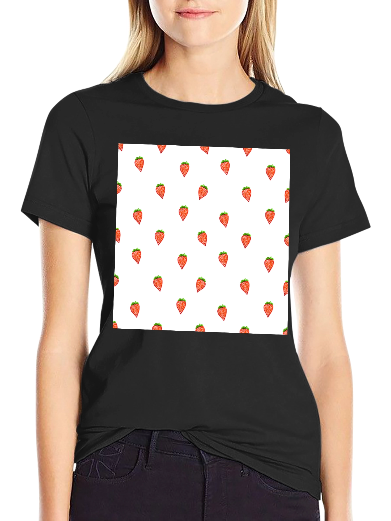 Strawberry Pattern Black T-Shirt