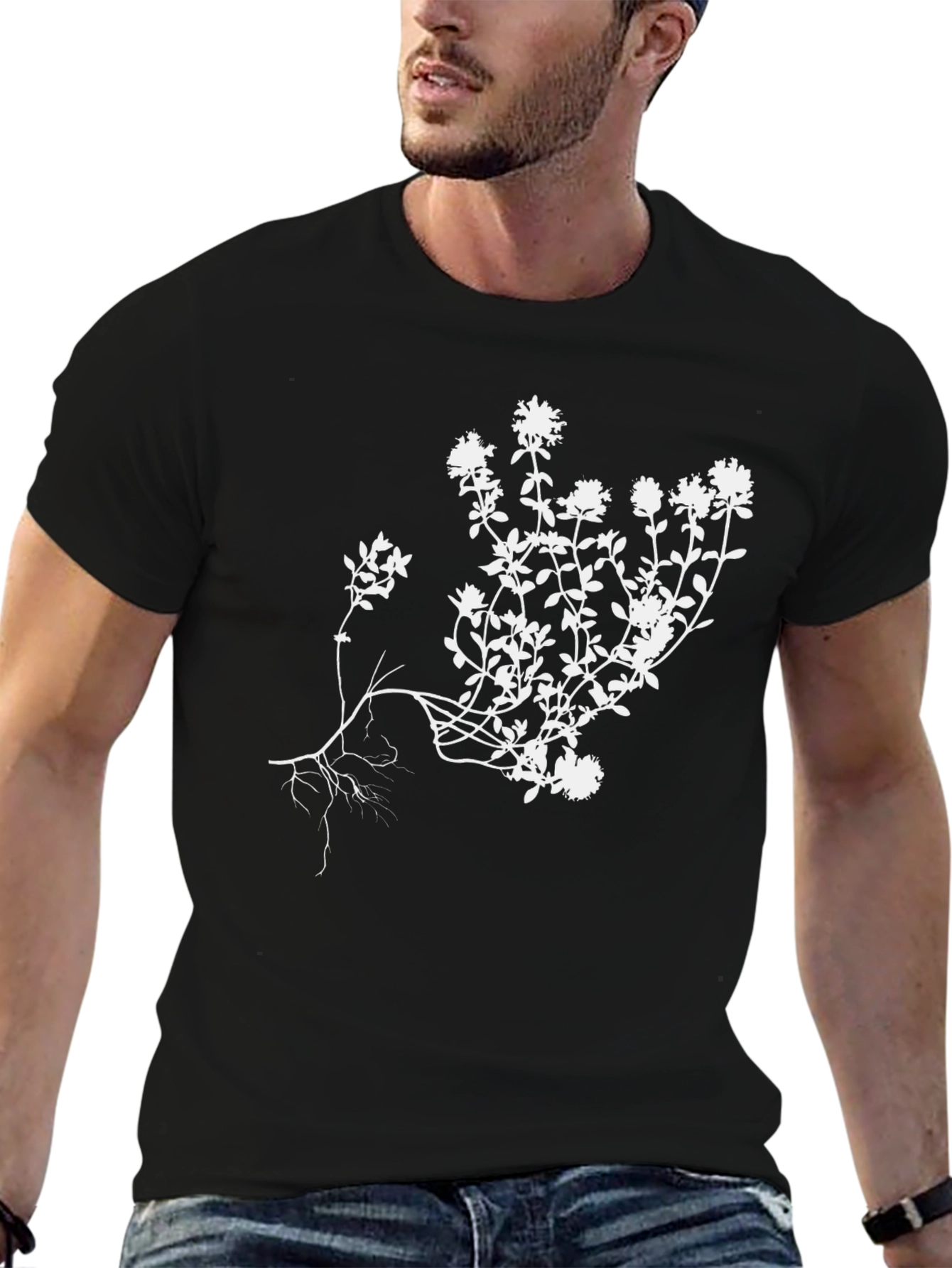 Botanical Print Tee - Stylish Mens Black T-Shirt