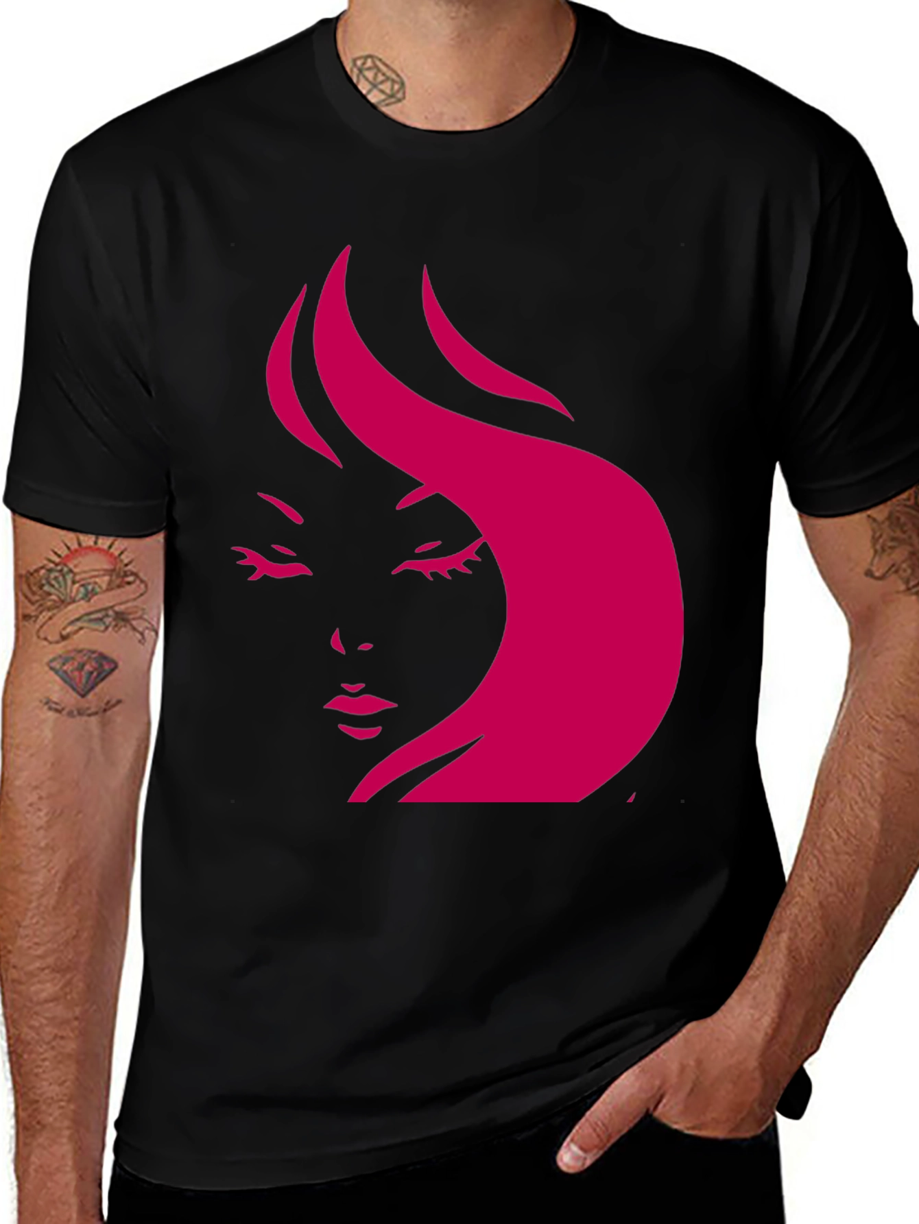 Stylish Black T-Shirt with Pink Woman Face Design