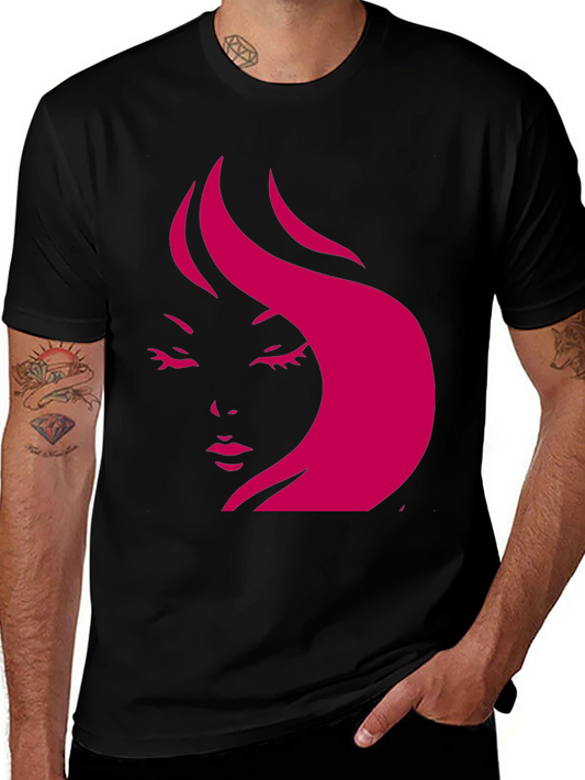Stylish Black T-Shirt with Pink Woman Face Design