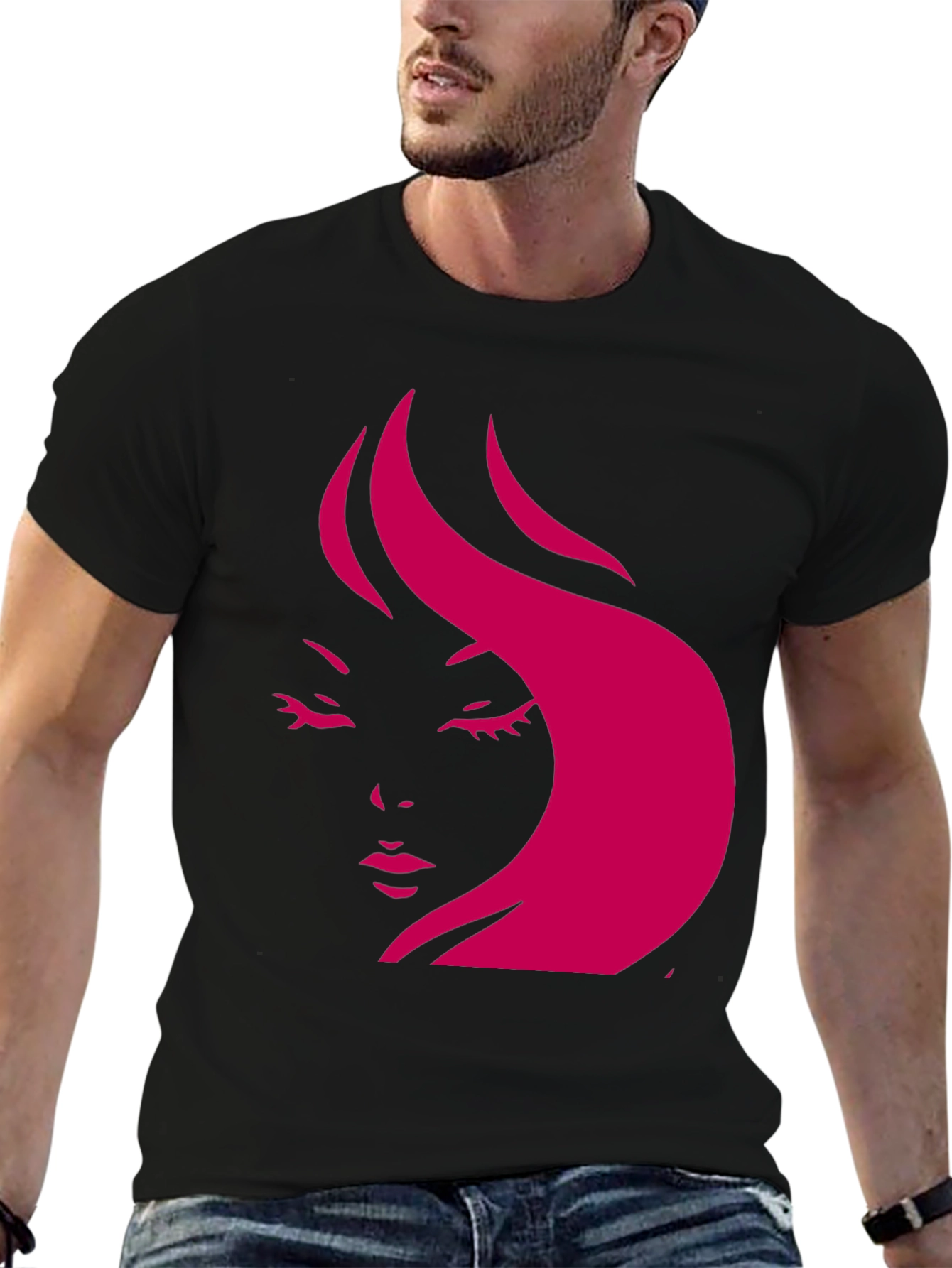 Stylish Black T-Shirt with Pink Woman Face Design
