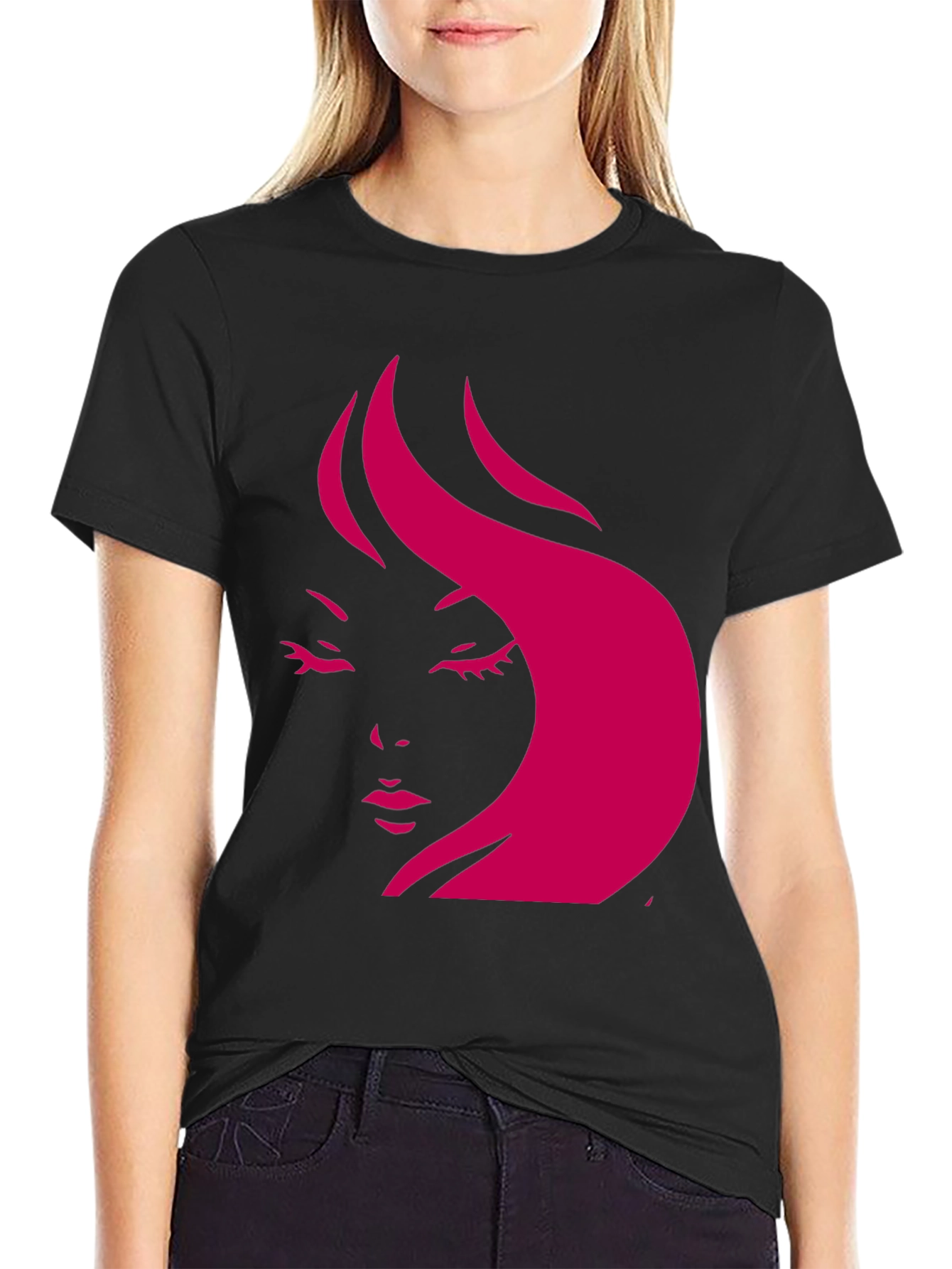 Stylish Black T-Shirt with Pink Woman Face Design