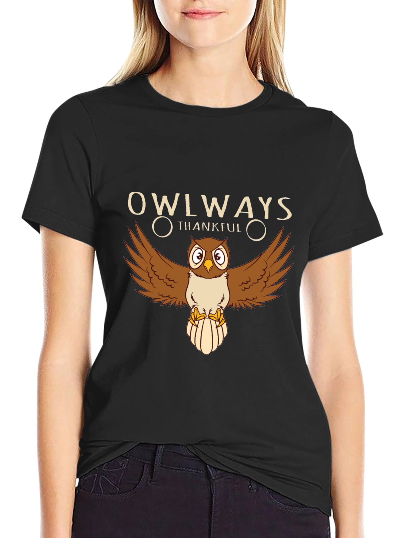 Owlways Thankful Black Graphic Tee