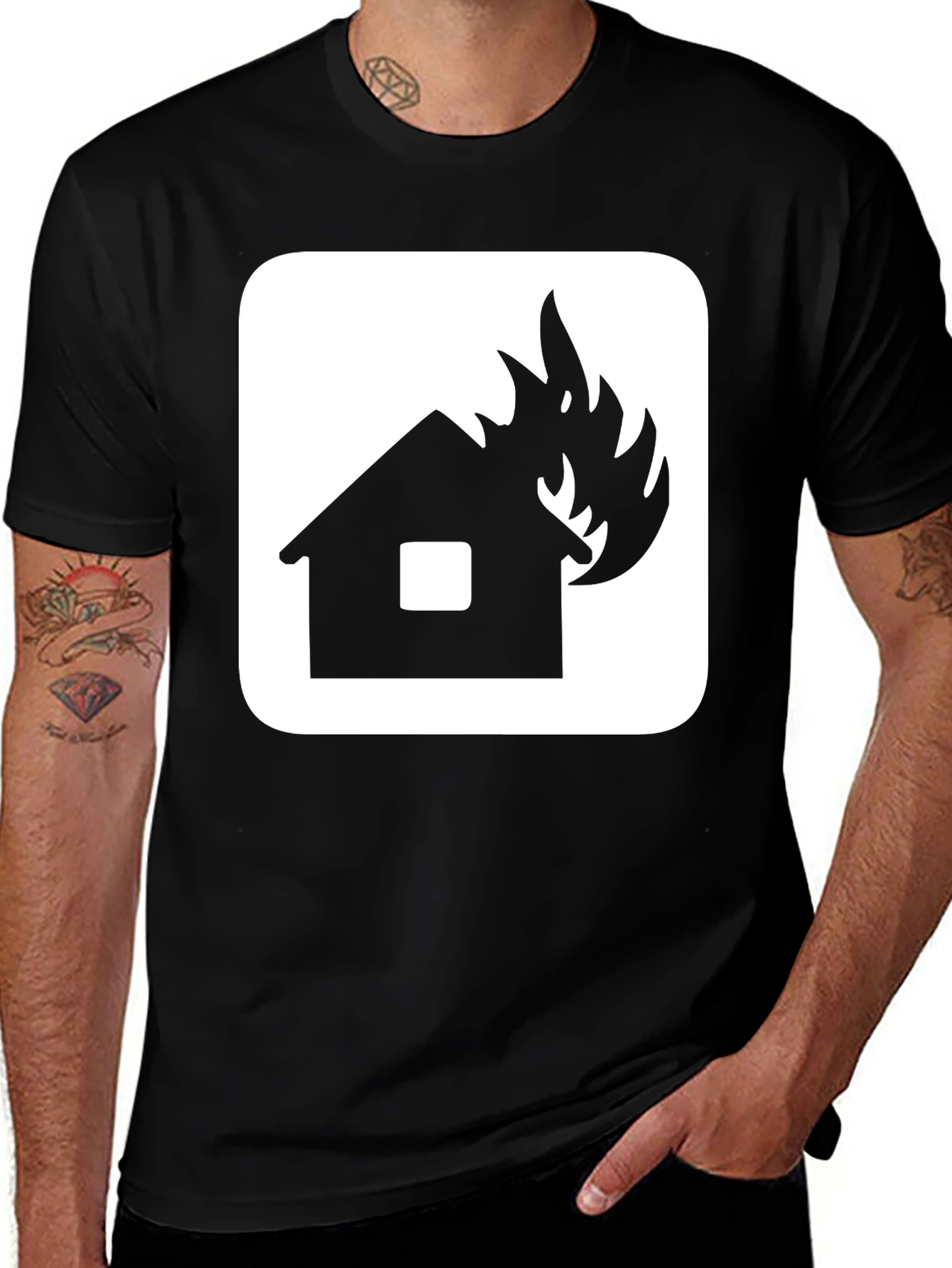 Burning House Graphic Tee - Black Cotton T-Shirt