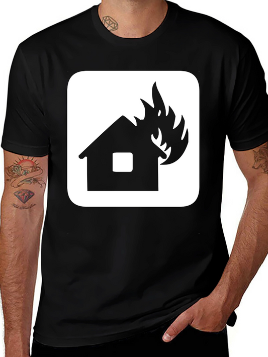 Burning House Graphic Tee - Black Cotton T-Shirt
