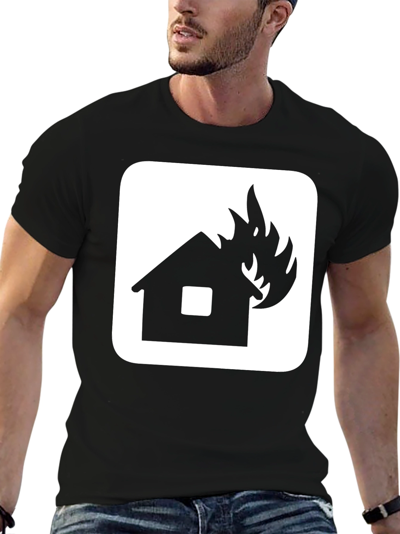 Burning House Graphic Tee - Black Cotton T-Shirt
