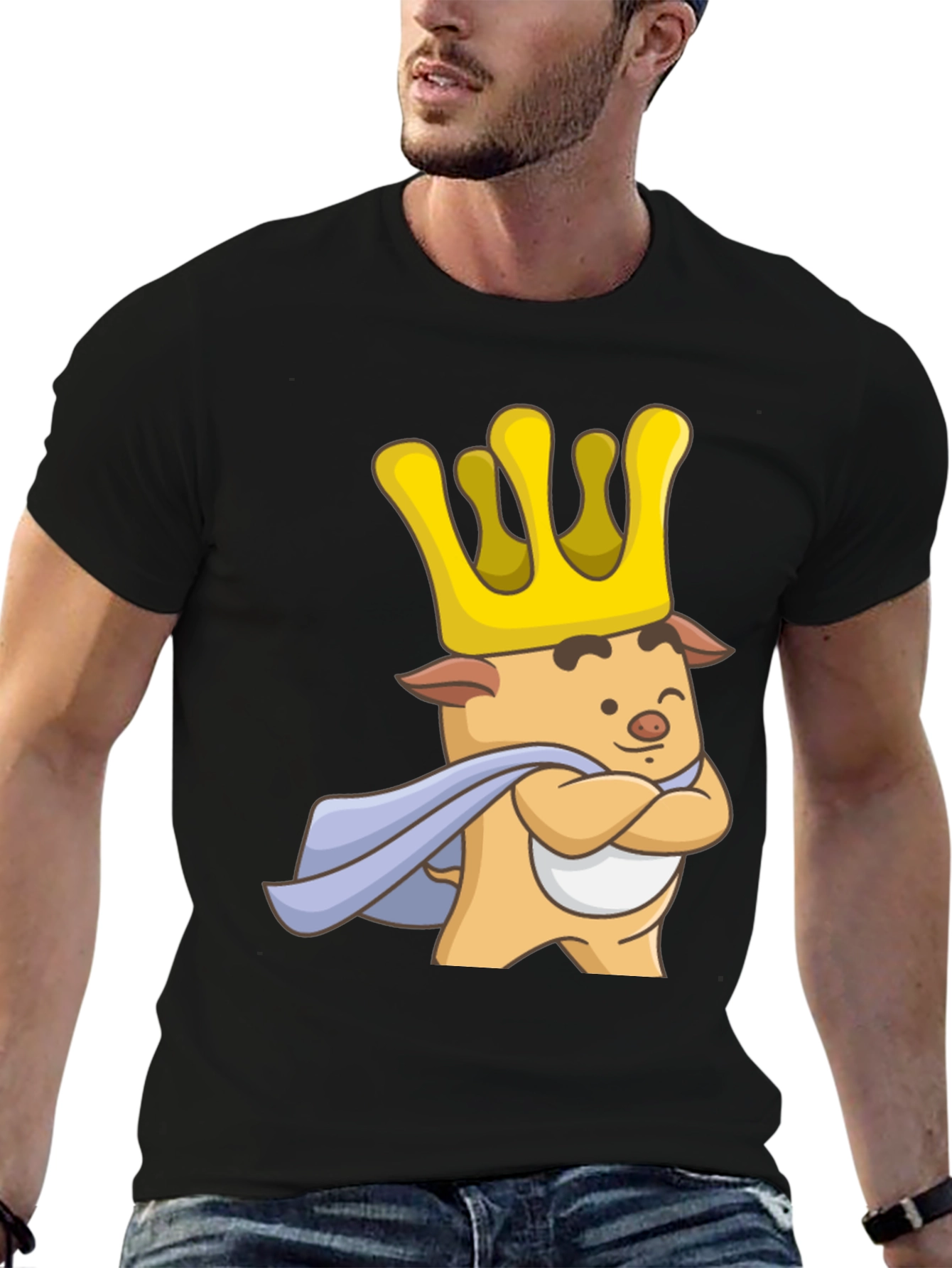 King Pig Cartoon Graphic T-Shirt - Black