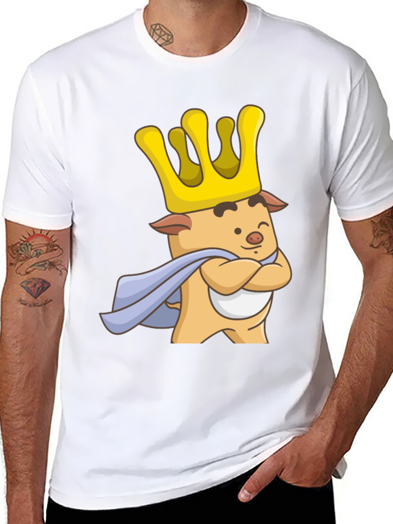 King Pig Cartoon Graphic T-Shirt - Black