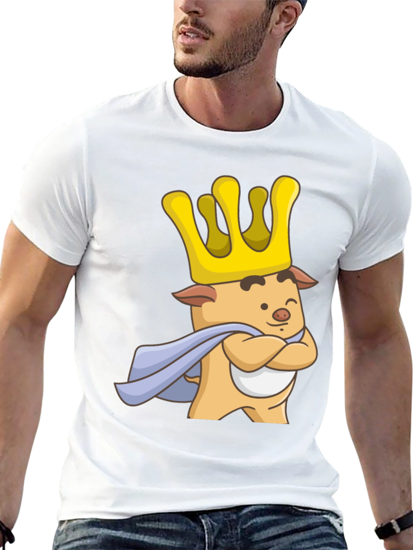 King Pig Cartoon Graphic T-Shirt - Black