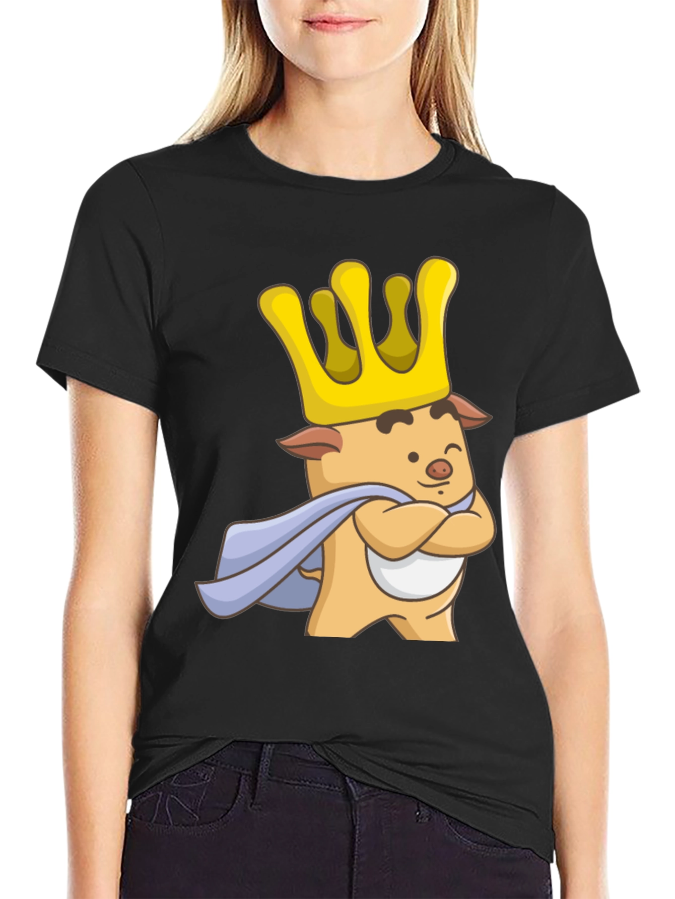King Pig Cartoon Graphic T-Shirt - Black
