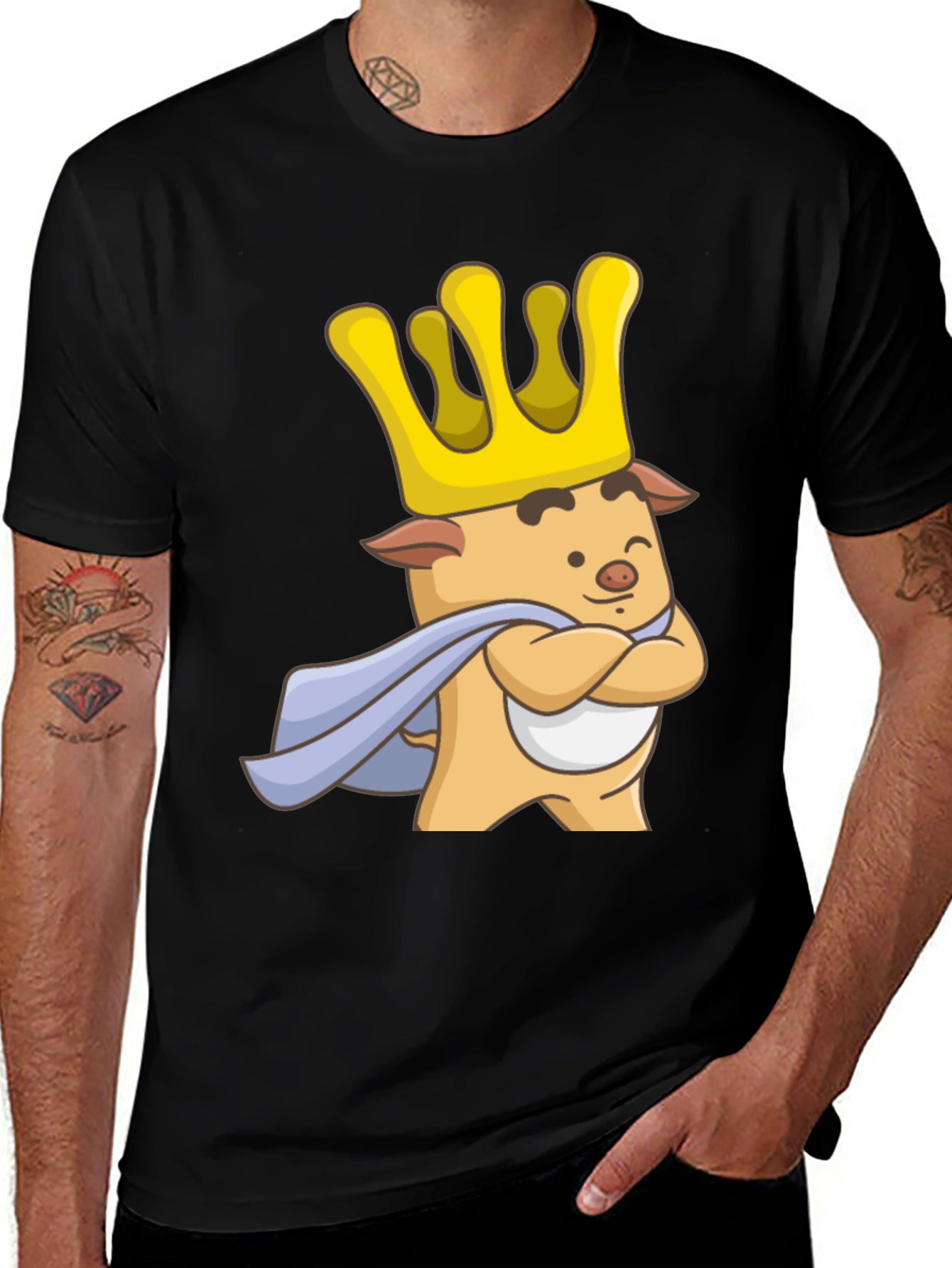 King Pig Cartoon Graphic T-Shirt - Black