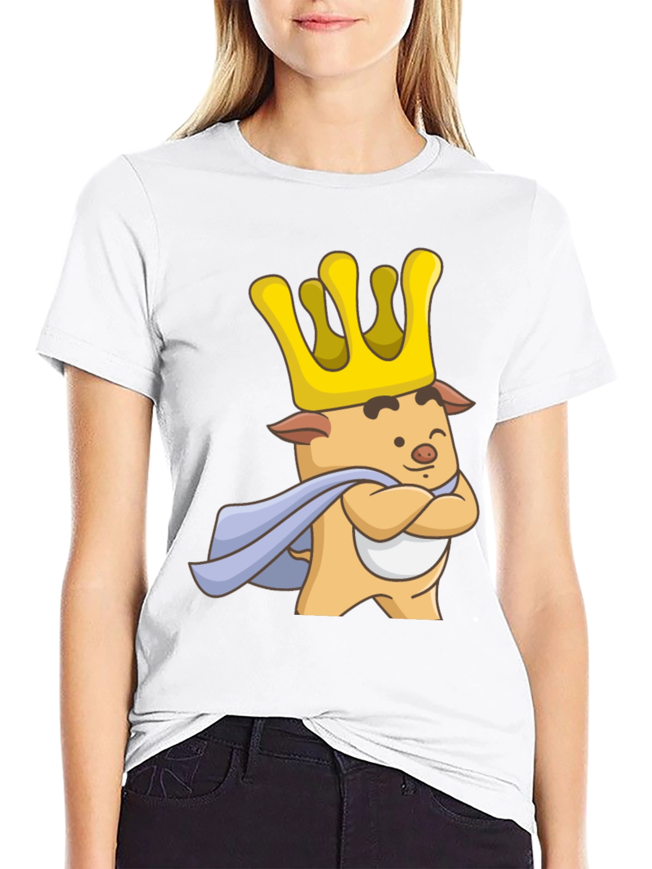 King Pig Cartoon Graphic T-Shirt - Black
