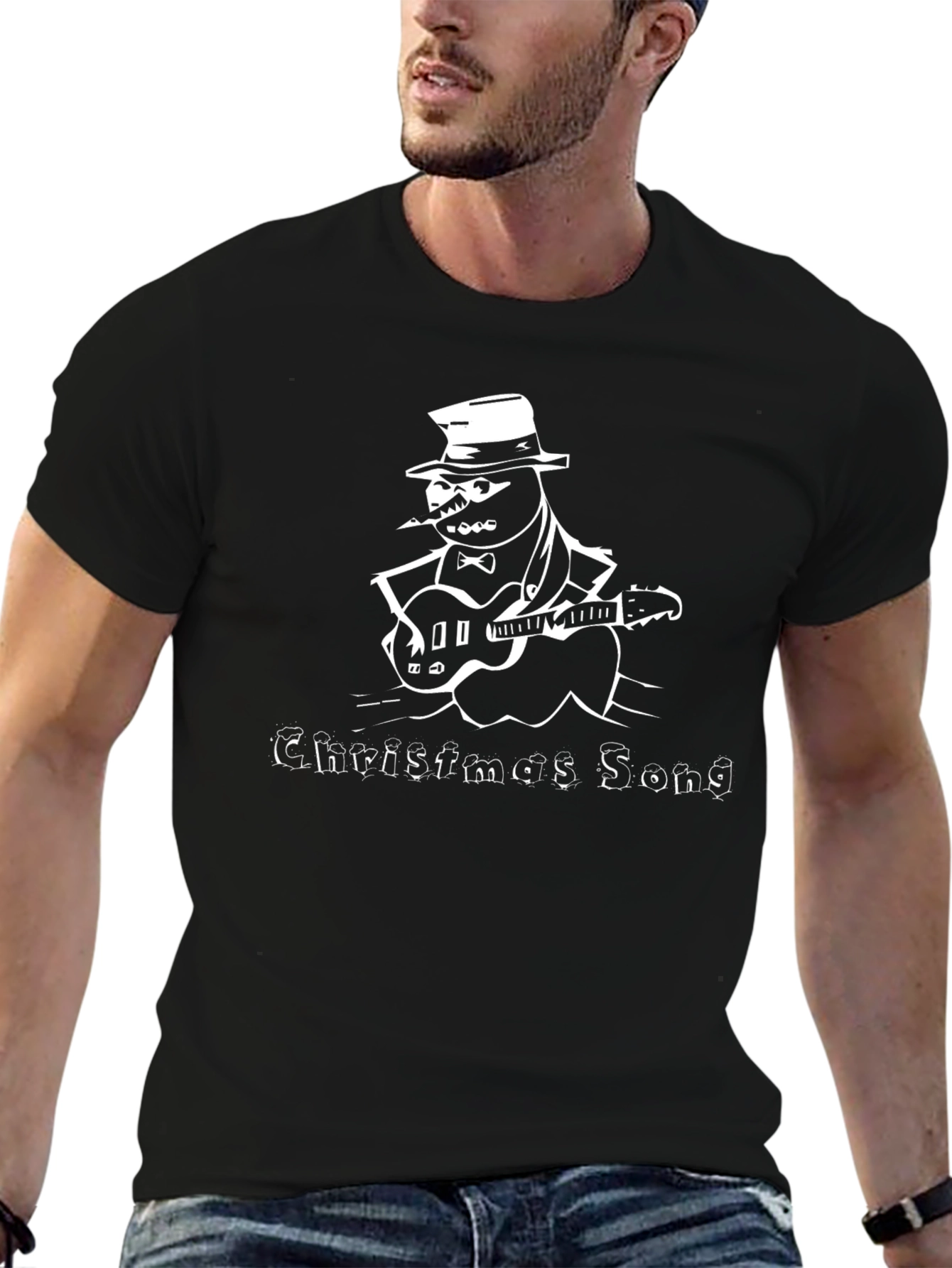 Christmas Song Guitar Snowman Black T-Shirt