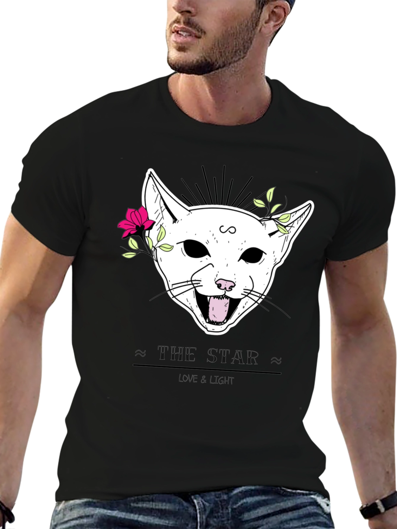 Floral Cat Graphic Black T-Shirt
