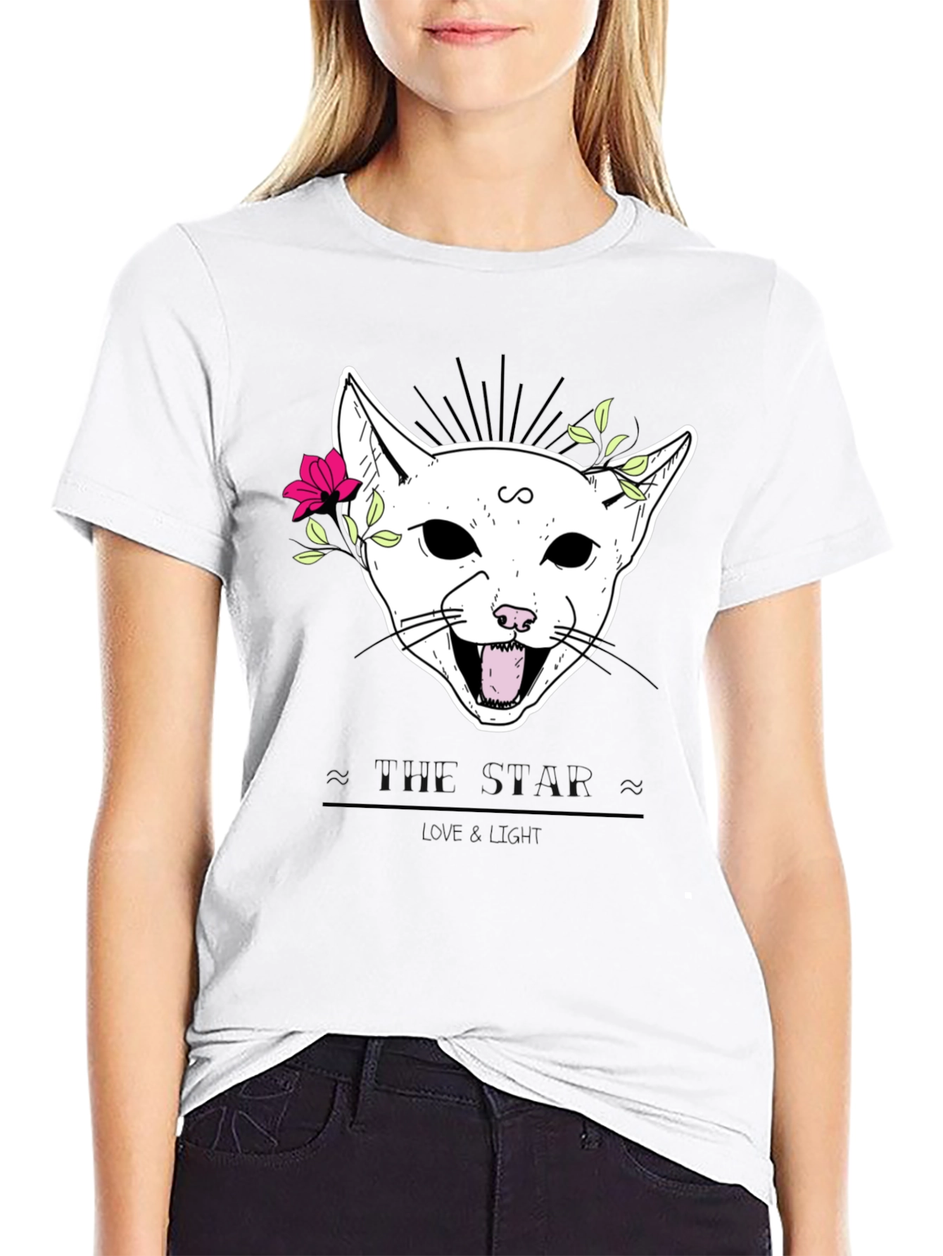 Floral Cat Graphic Black T-Shirt