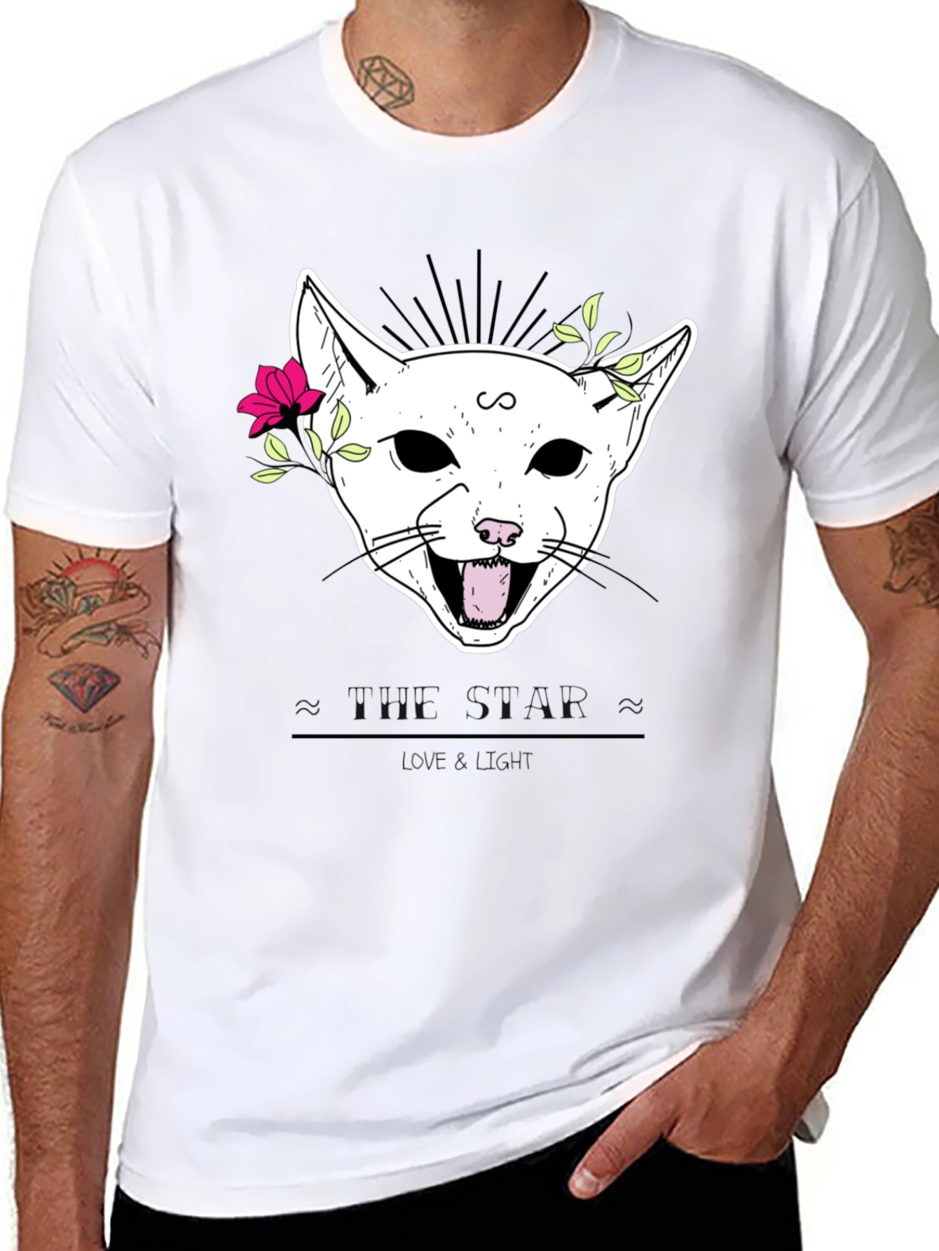 Floral Cat Graphic Black T-Shirt