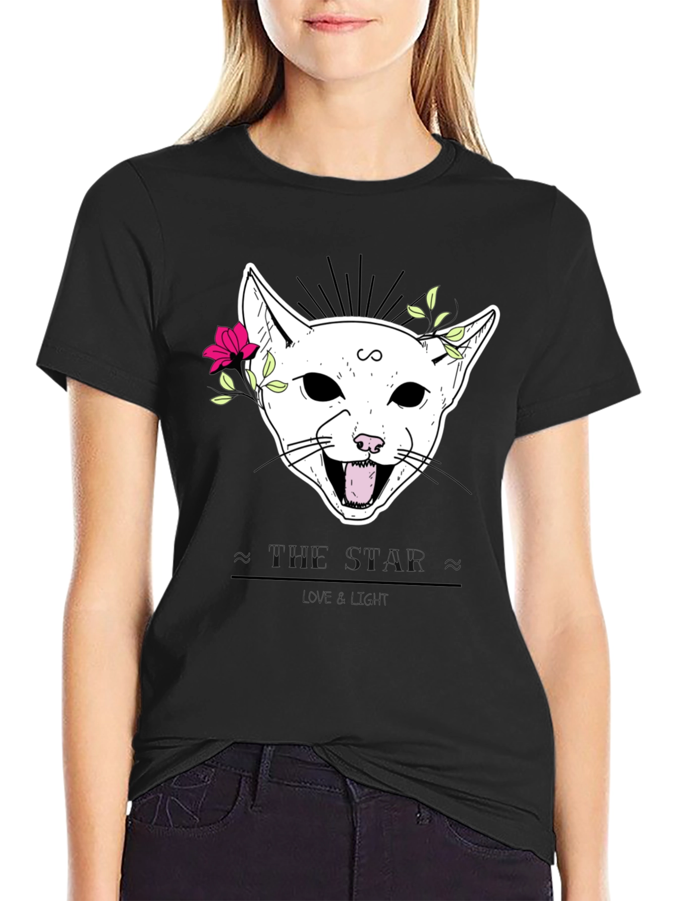 Floral Cat Graphic Black T-Shirt
