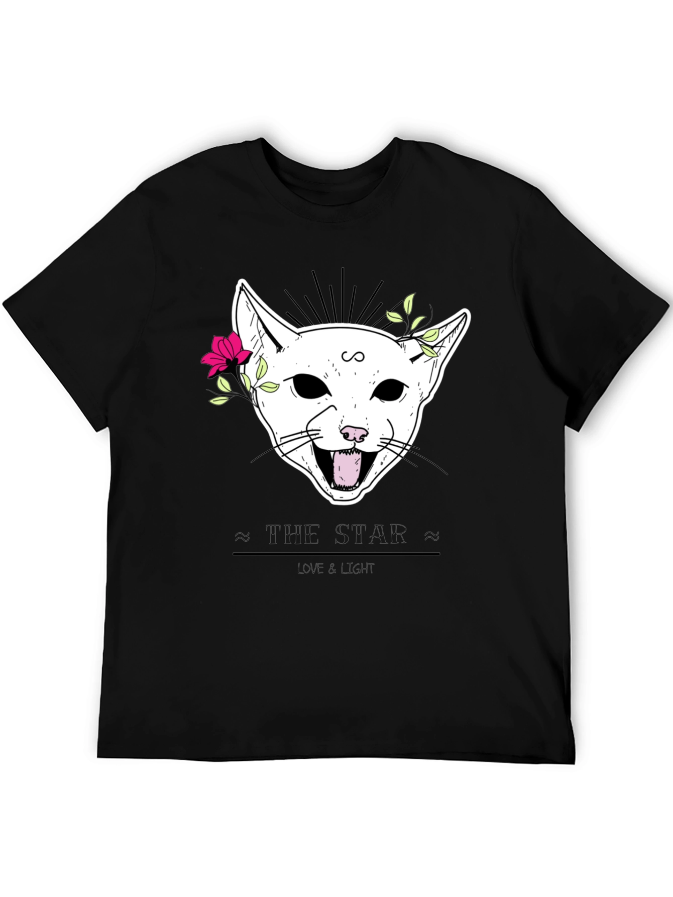 Floral Cat Graphic Black T-Shirt