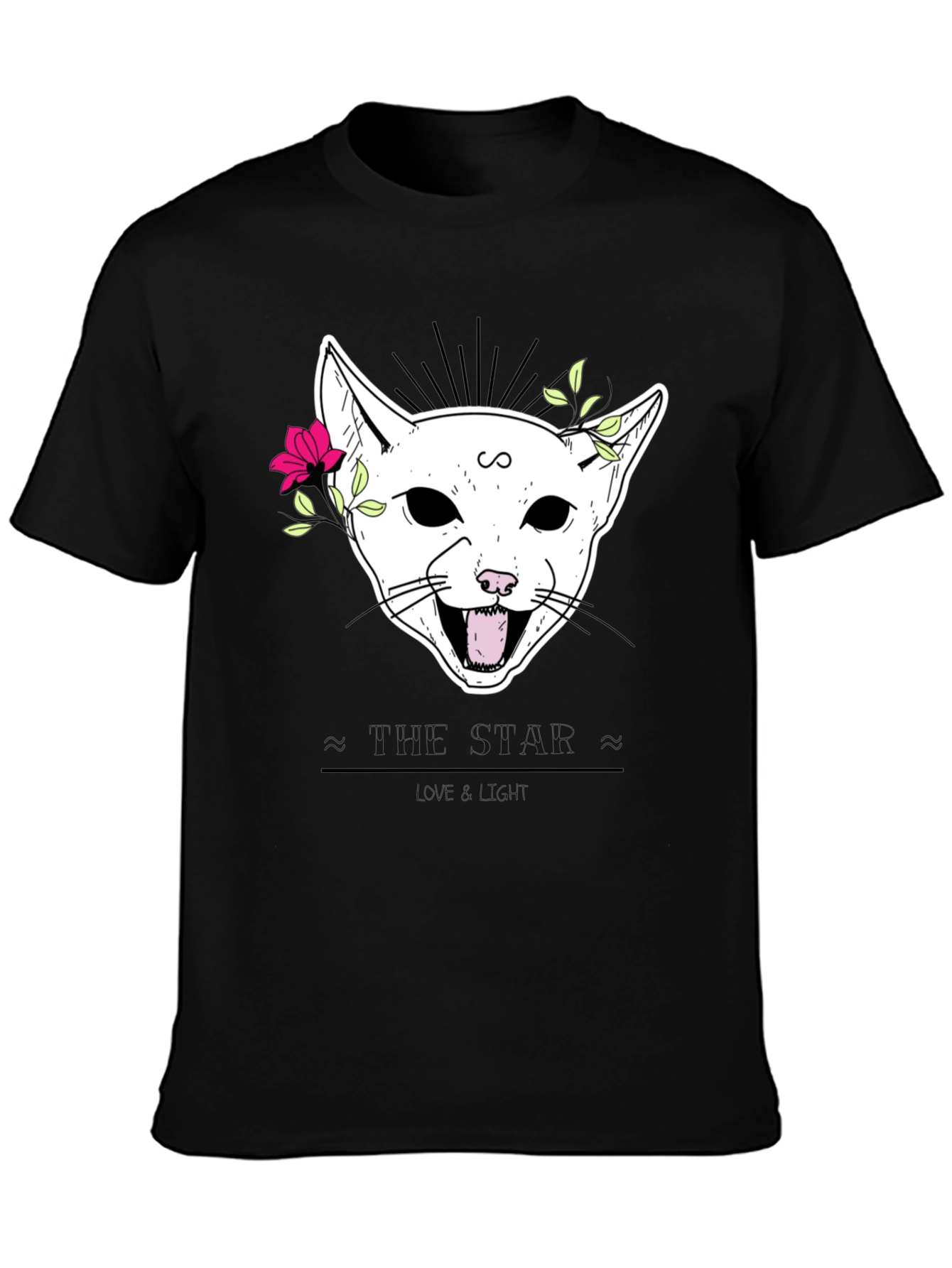 Floral Cat Graphic Black T-Shirt