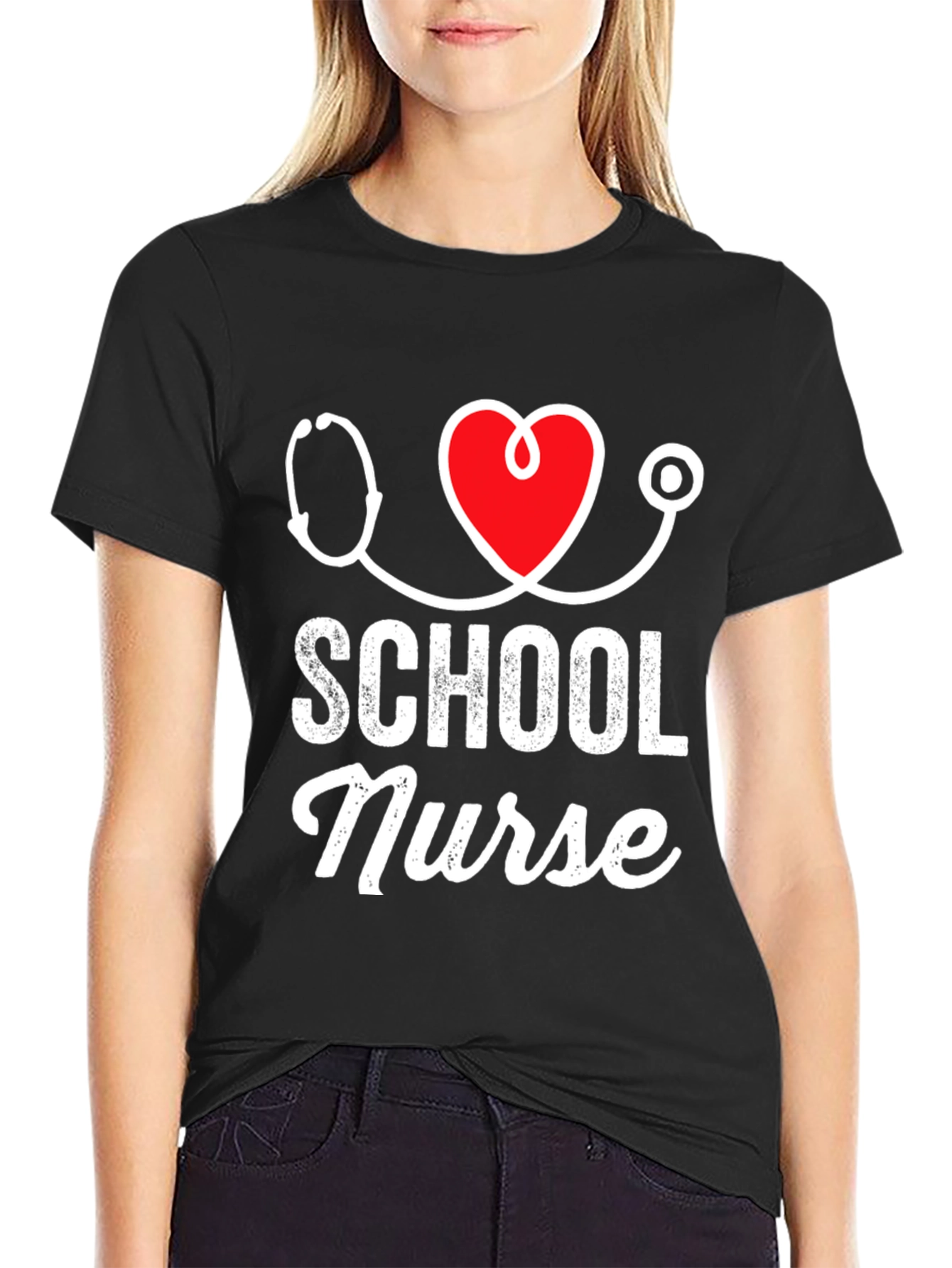 School Nurse T-Shirt - Stethoscope Heart Design