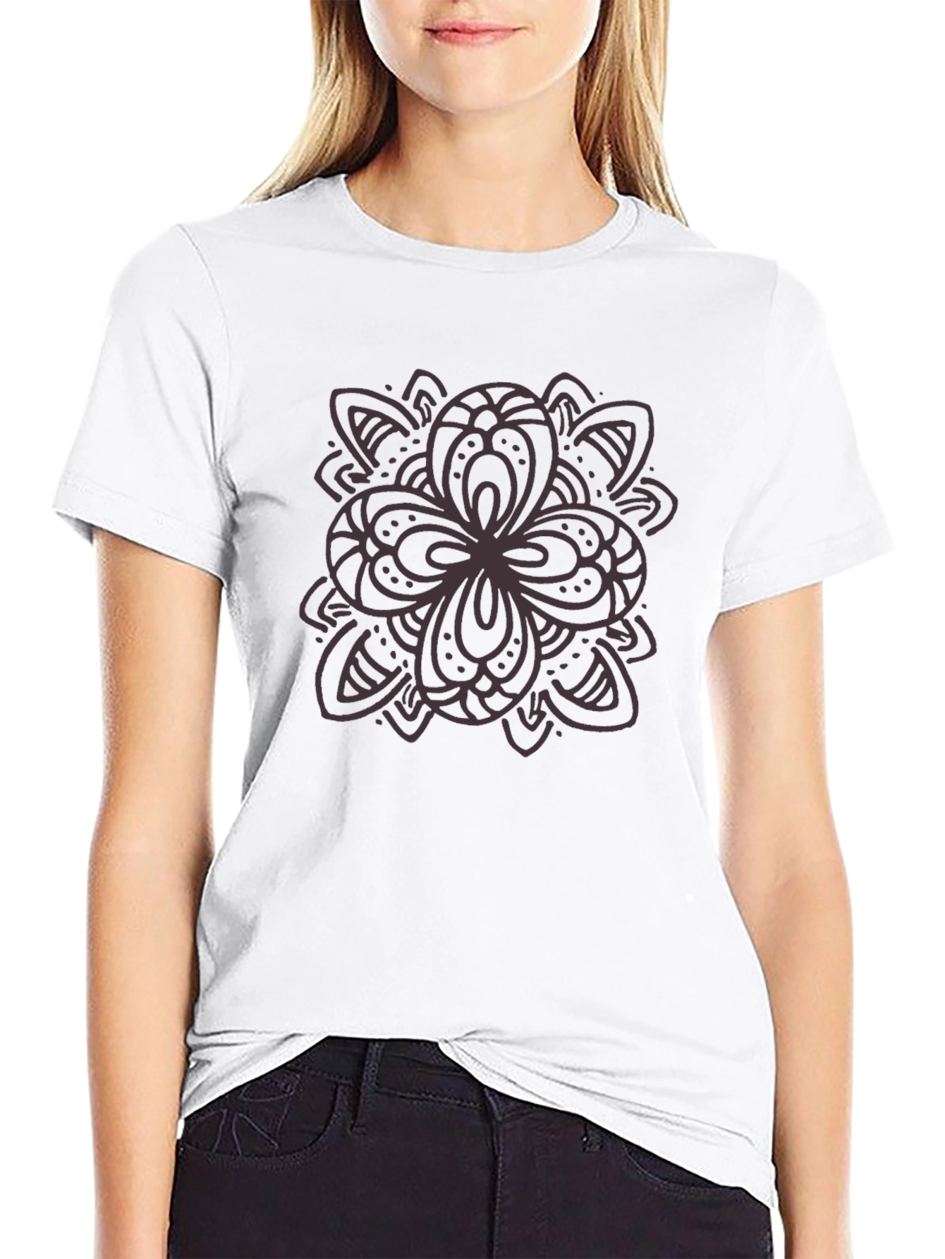Black Graphic Tee - Floral Mandala Design