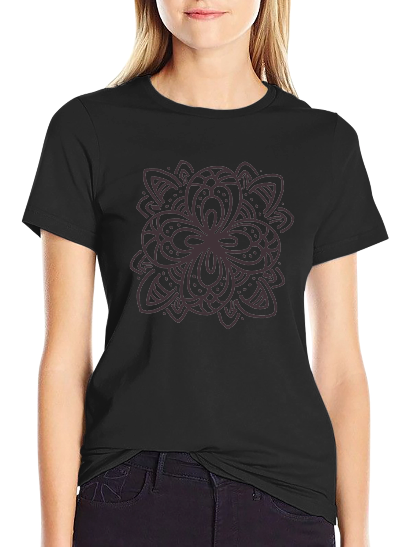 Black Graphic Tee - Floral Mandala Design