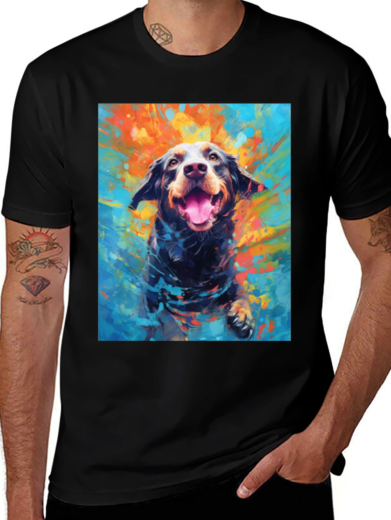 Dog Art Print Mens Black T-Shirt
