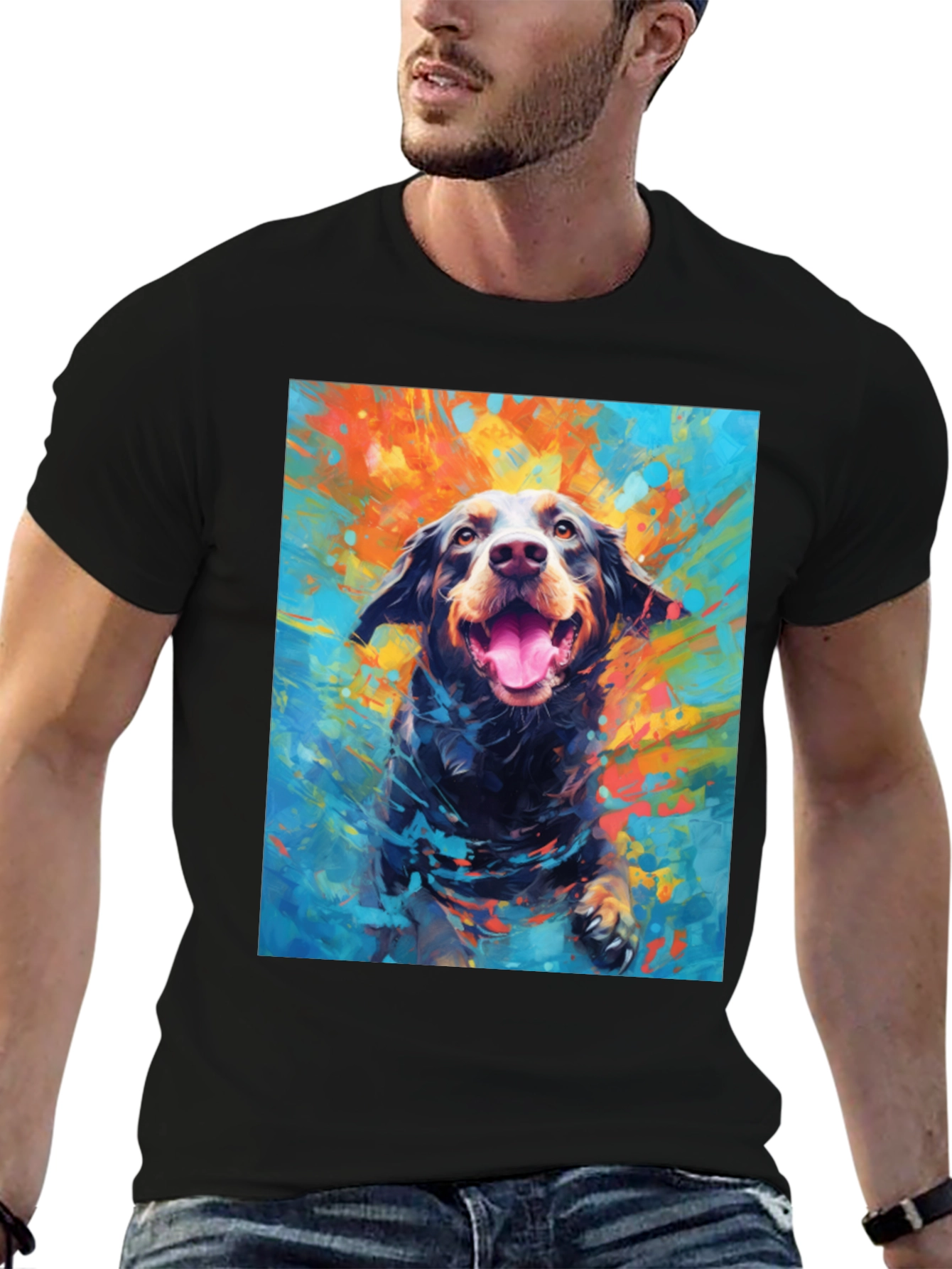 Dog Art Print Mens Black T-Shirt