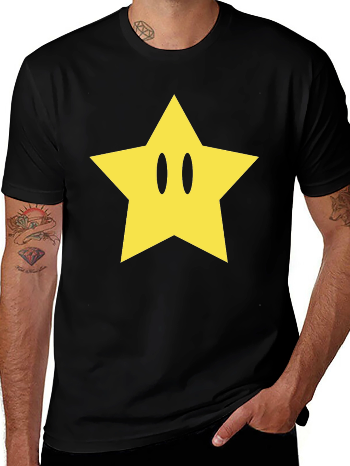 Black T-Shirt with Yellow Star Graphic