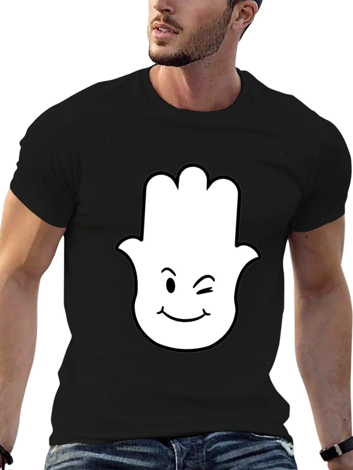 Hamsa Hand Wink Emoji Black T-Shirt