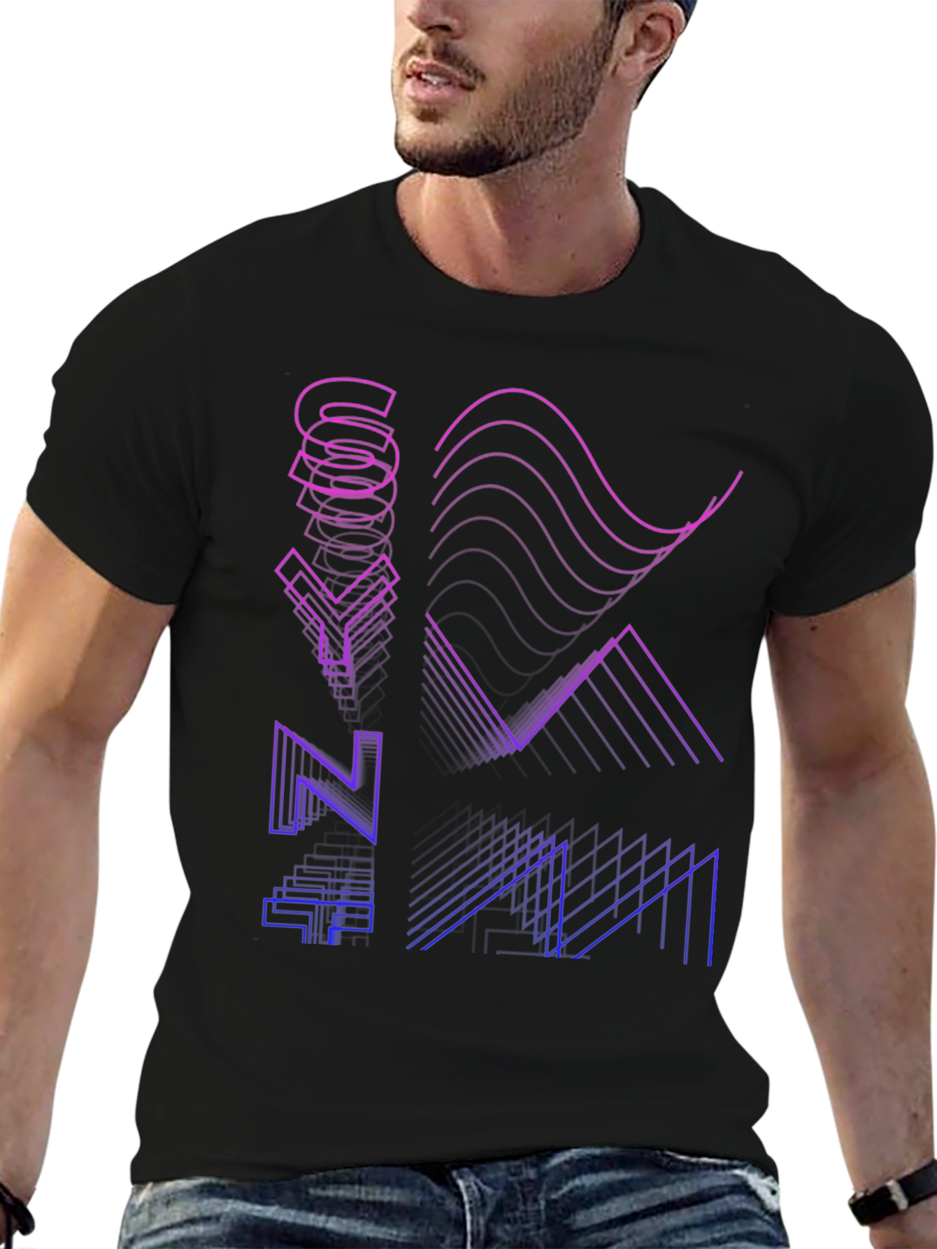 Synthwave Style Black T-Shirt with Geometric Graphic