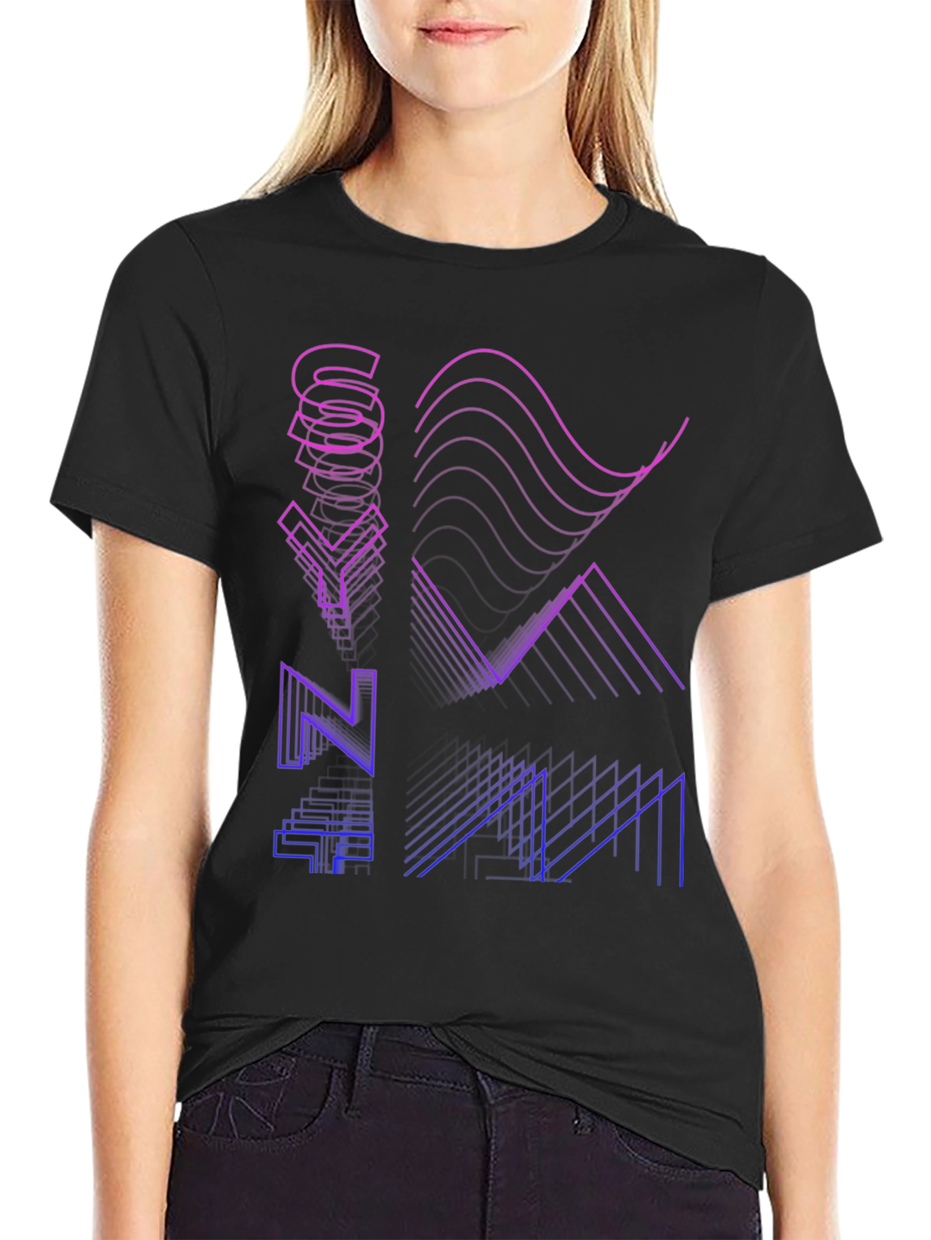 Synthwave Style Black T-Shirt with Geometric Graphic