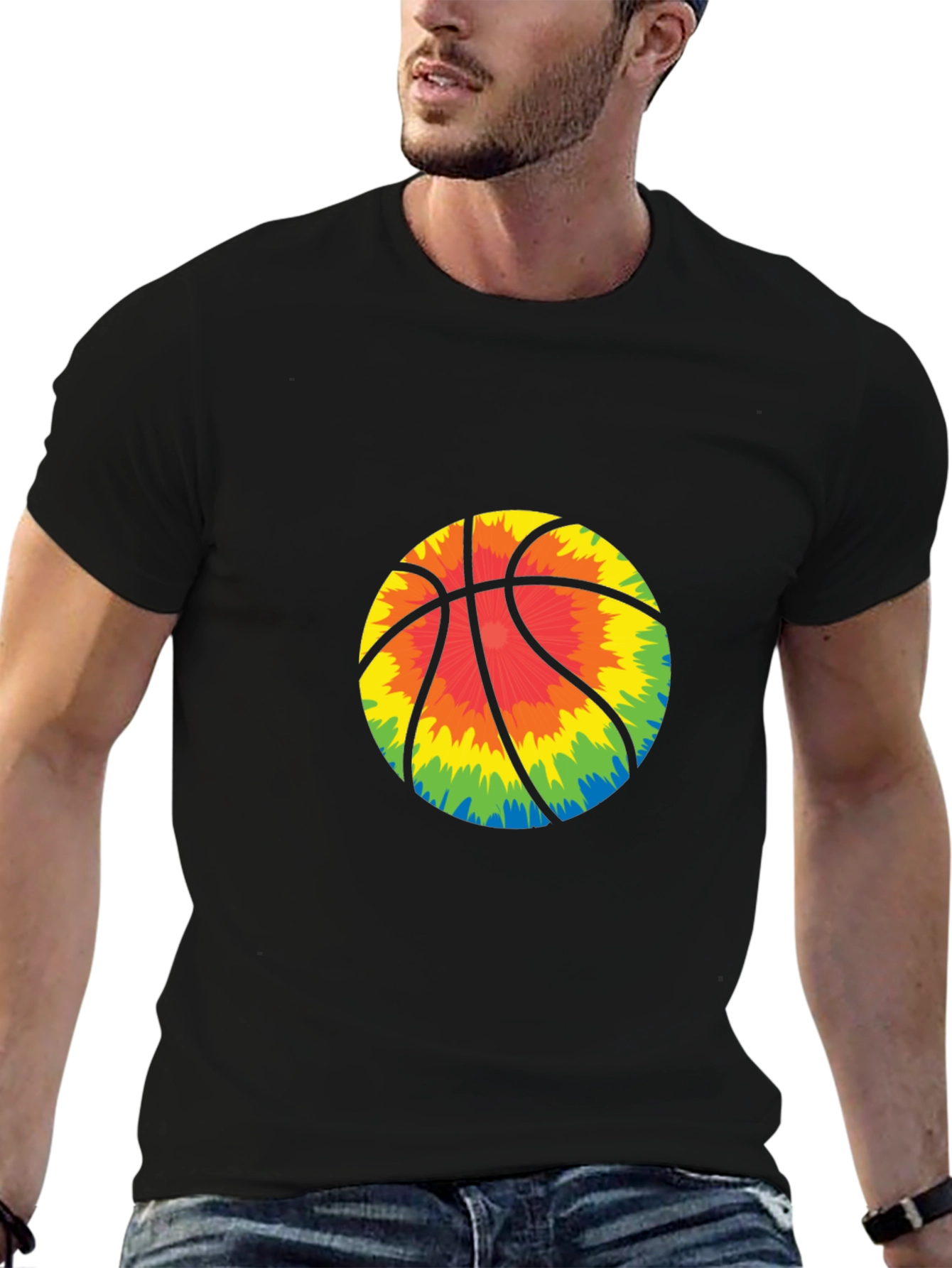 Tie-Dye Basketball Graphic Tee - Black Cotton Blend