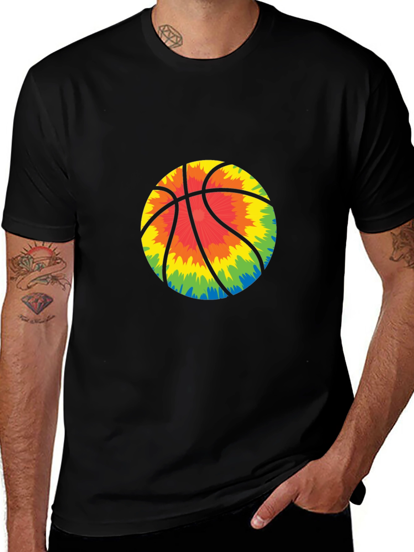 Tie-Dye Basketball Graphic Tee - Black Cotton Blend