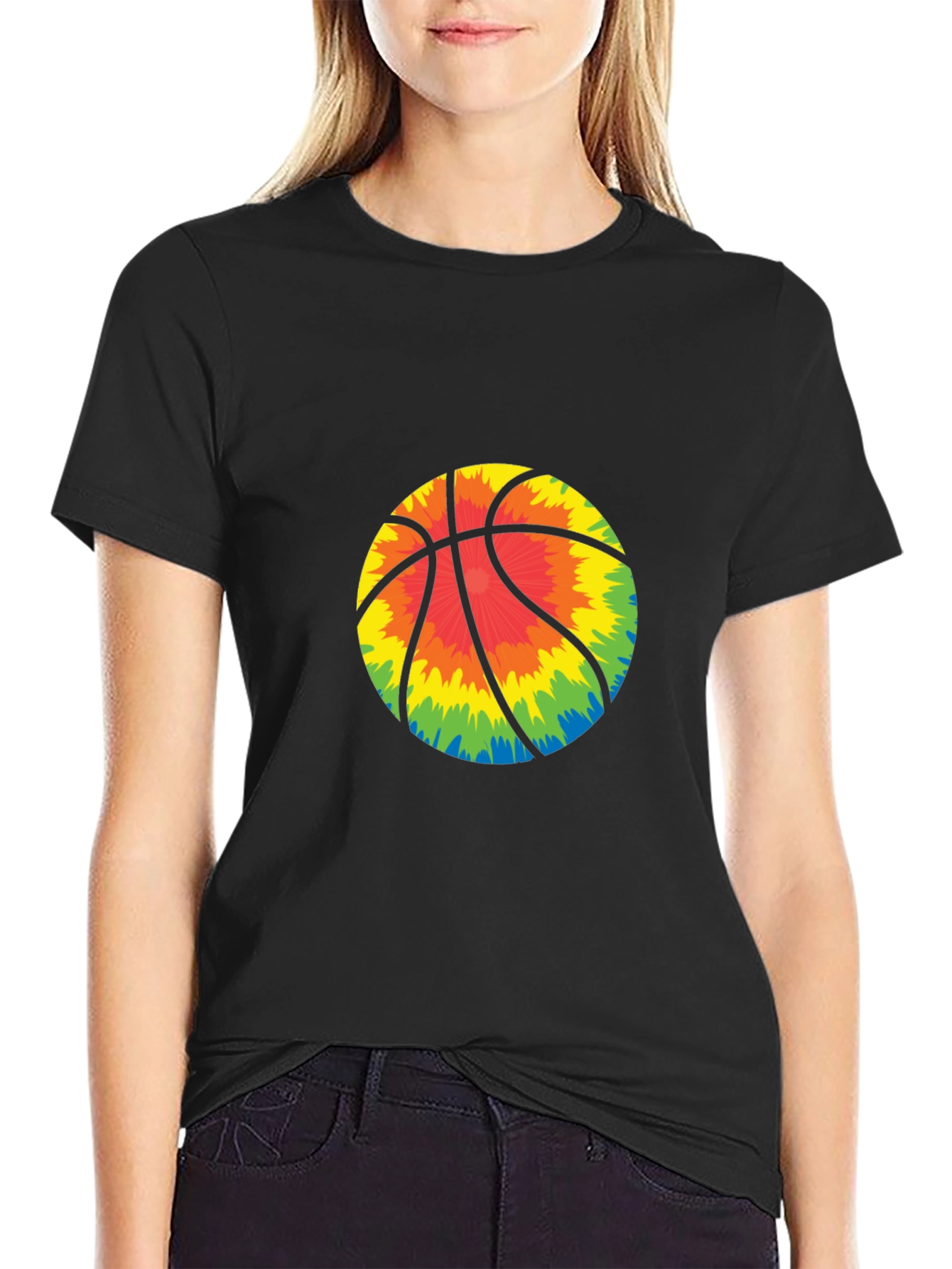 Tie-Dye Basketball Graphic Tee - Black Cotton Blend