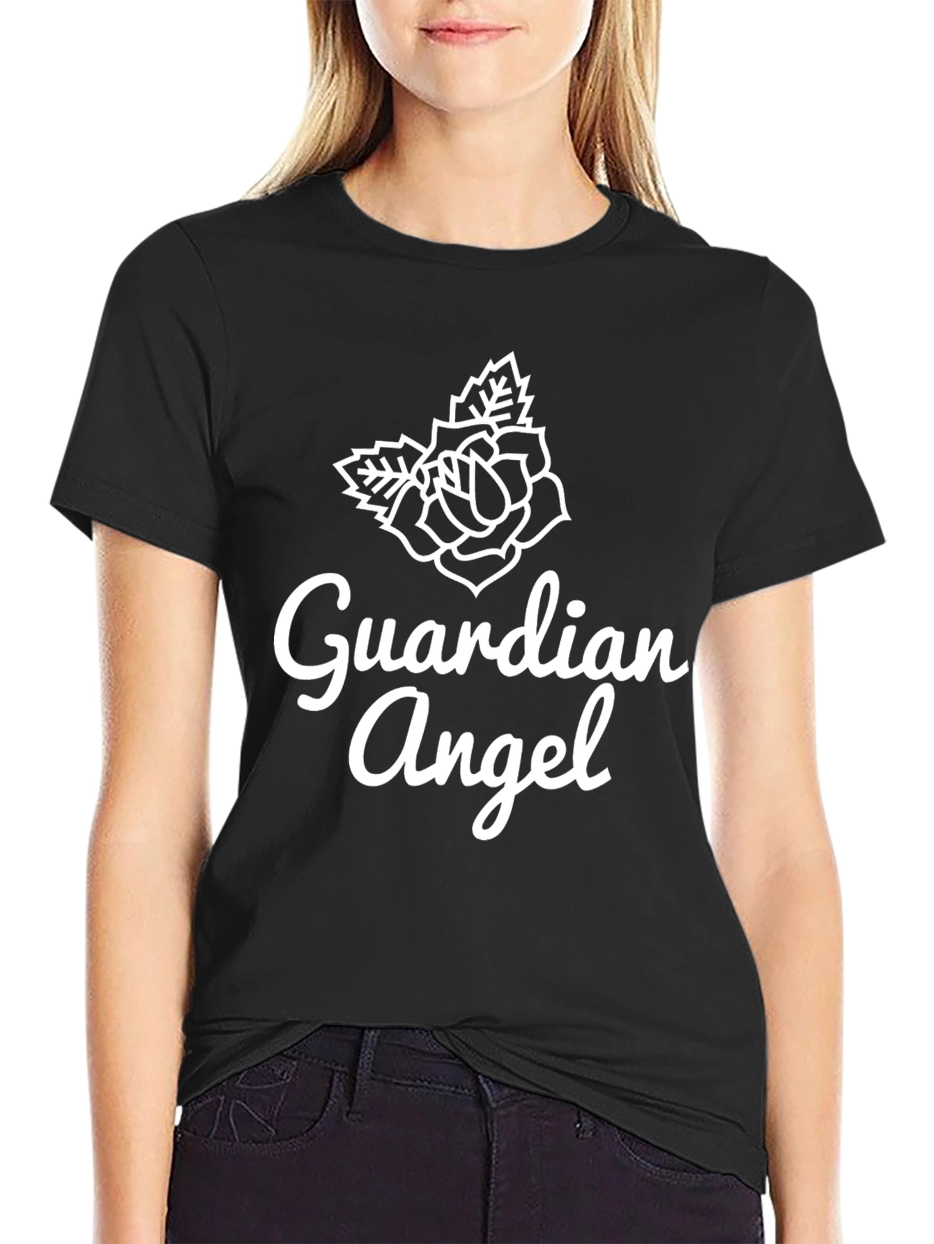 Guardian Angel Rose Graphic T-Shirt - Stylish Black Tee