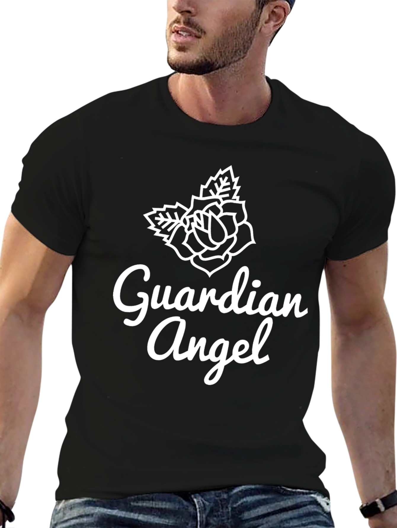 Guardian Angel Rose Graphic T-Shirt - Stylish Black Tee