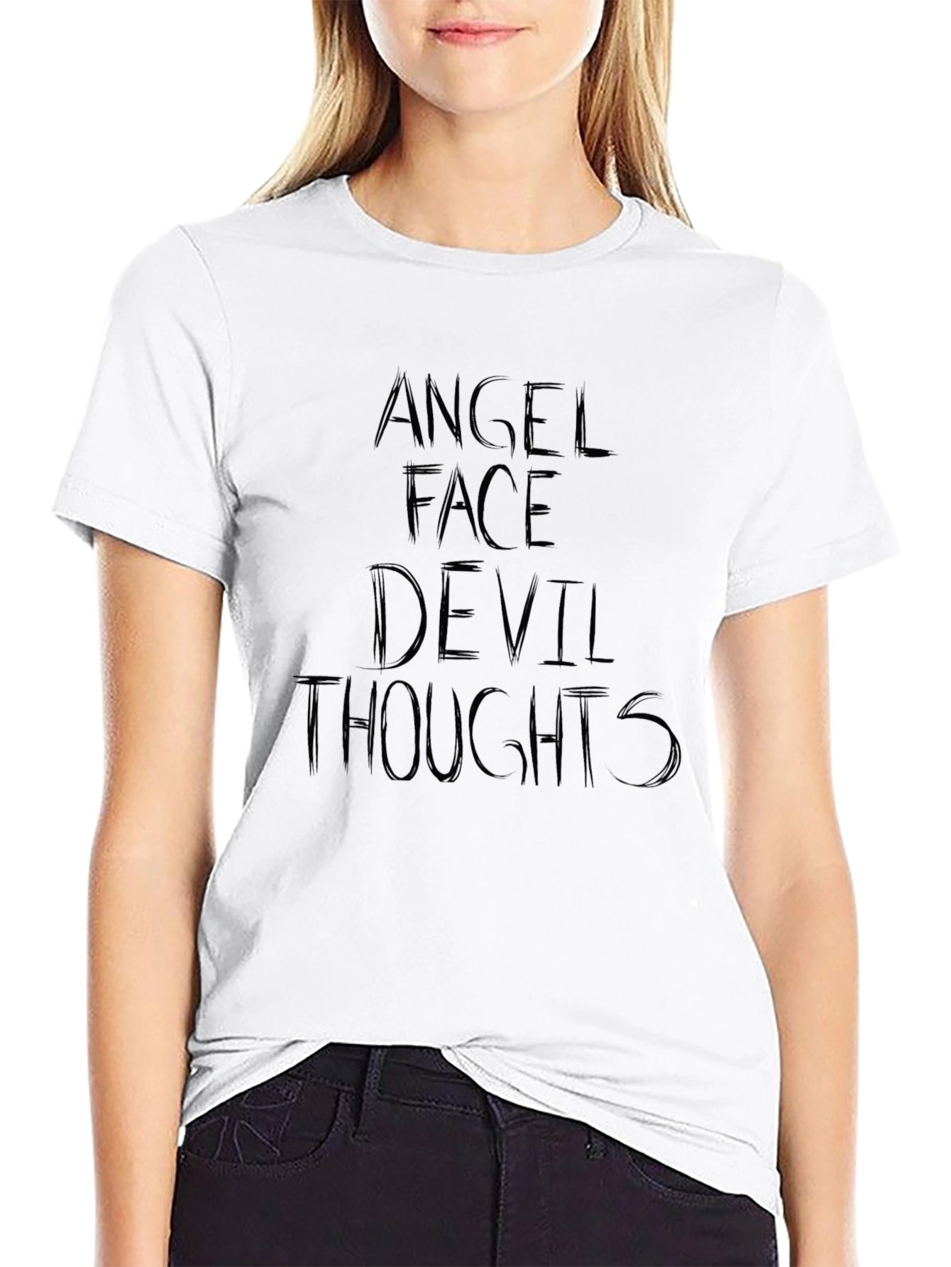 Angel Face Devil Thoughts Graphic Tee - Black